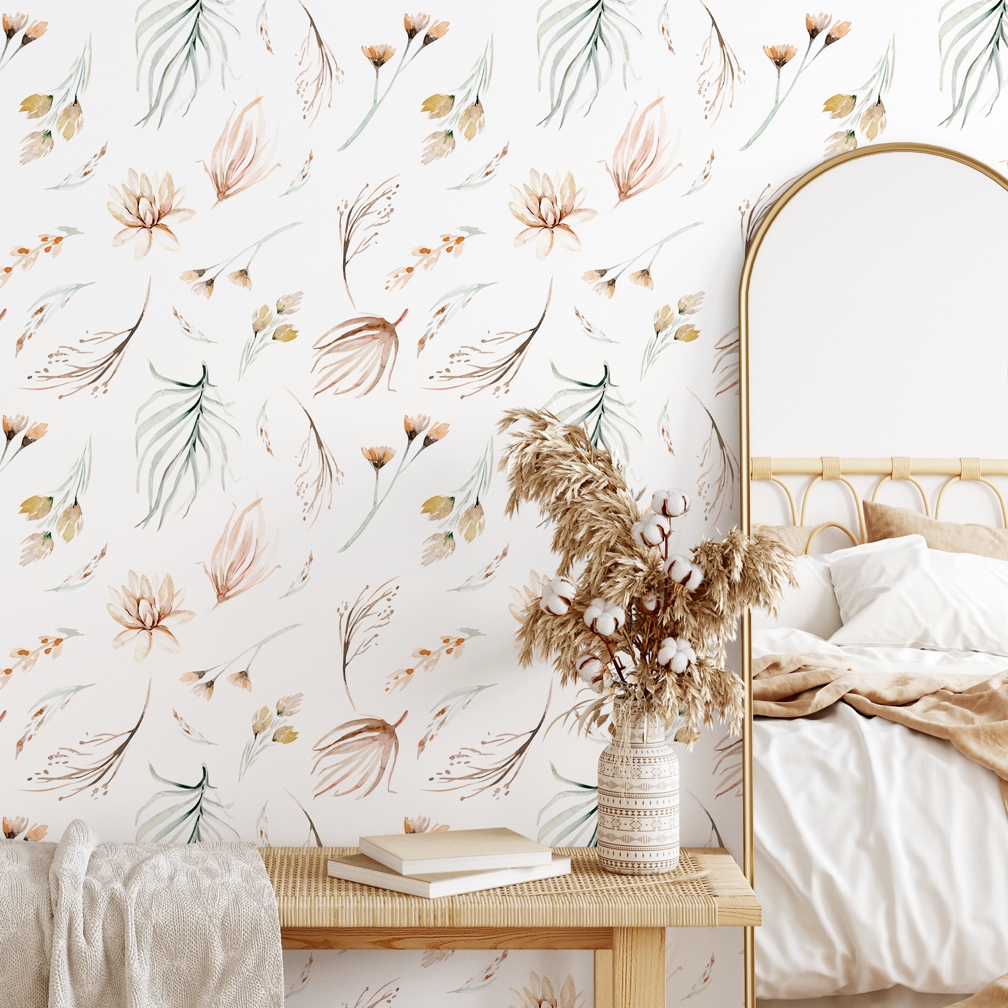 Botanical Wallpaper With A Delicate Watercolor Motif In Brown, Green, And Beige - B519