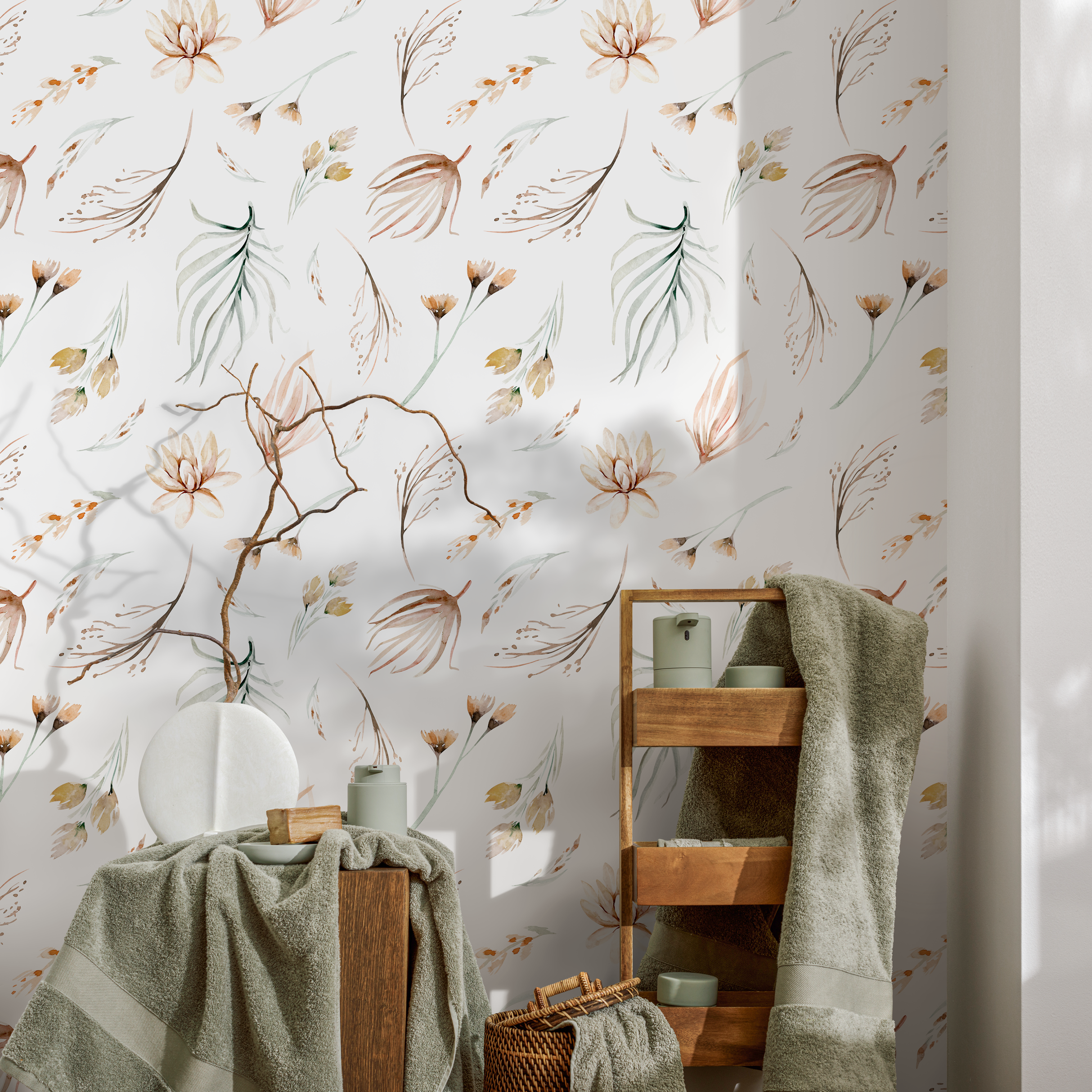 Botanical Wallpaper With A Delicate Watercolor Motif In Brown, Green, And Beige - B519