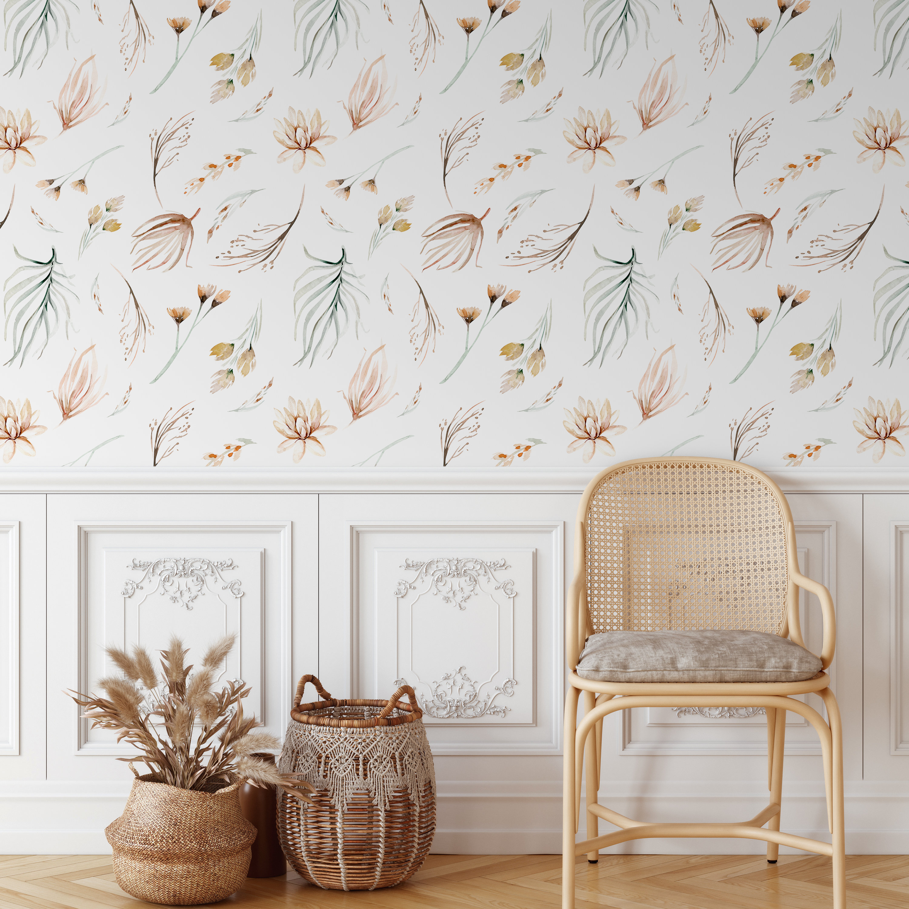 Botanical Wallpaper With A Delicate Watercolor Motif In Brown, Green, And Beige - B519
