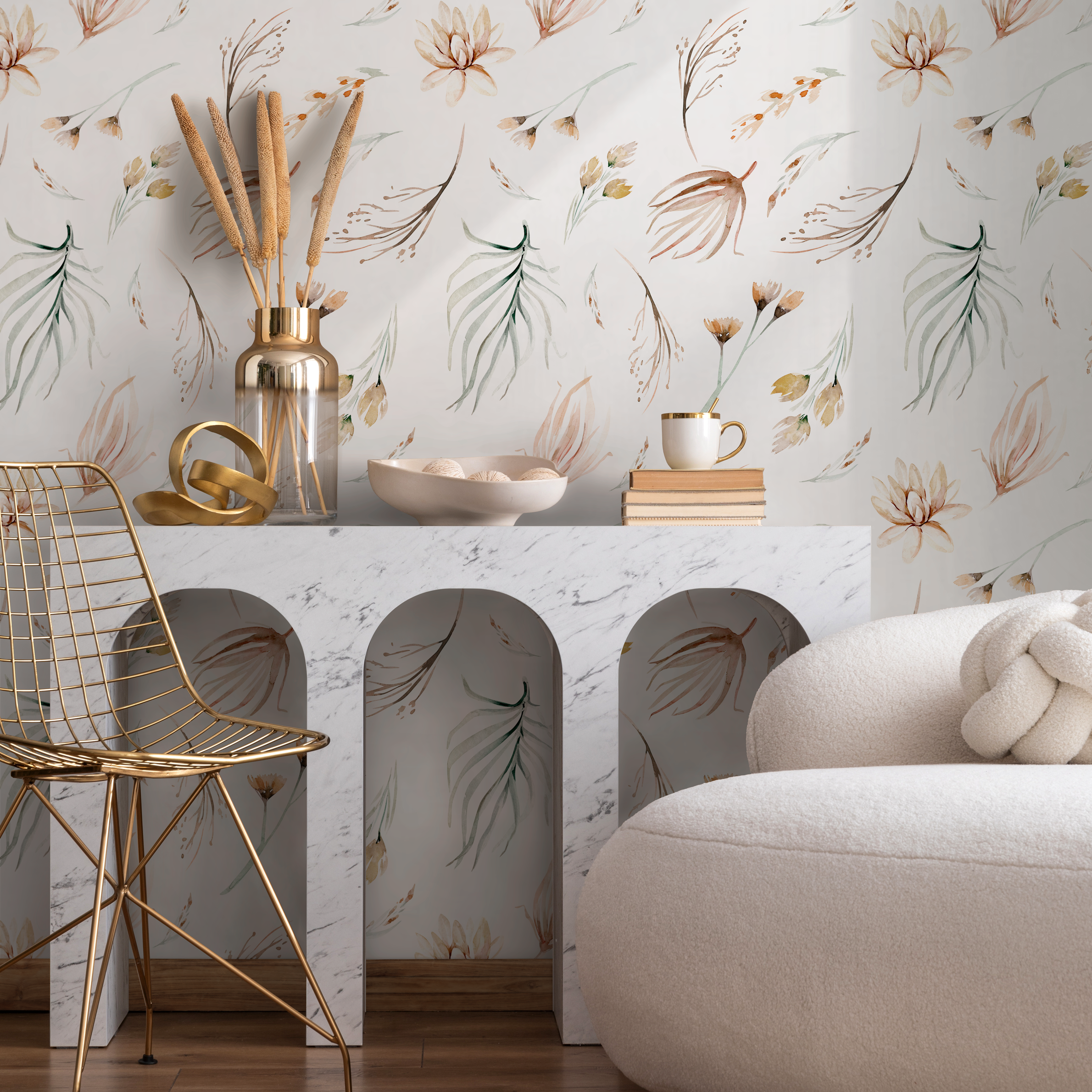 Botanical Wallpaper With A Delicate Watercolor Motif In Brown, Green, And Beige - B519