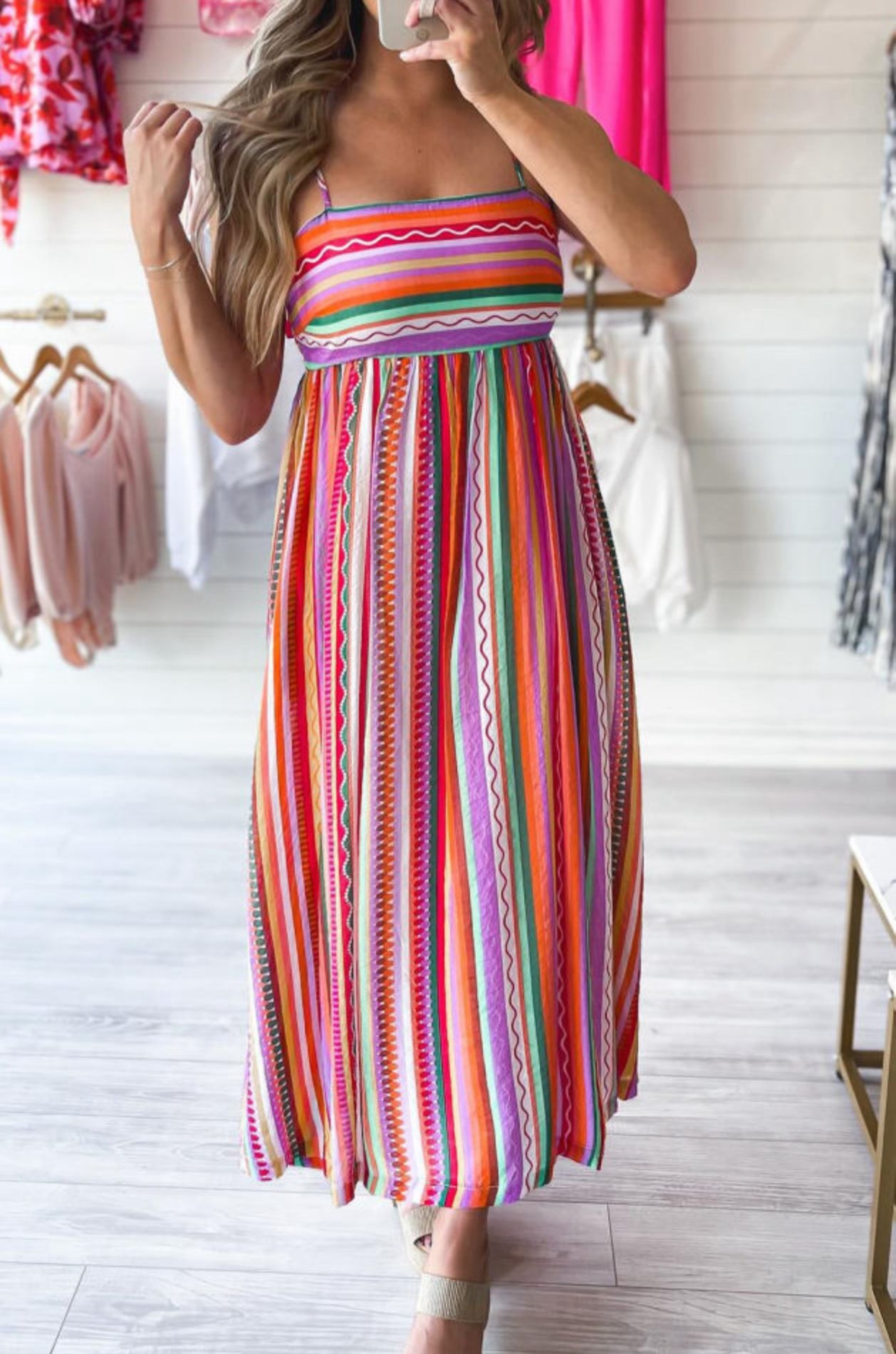 Multicolor Striped Thin Straps Smocked Back Boho Maxi Dress