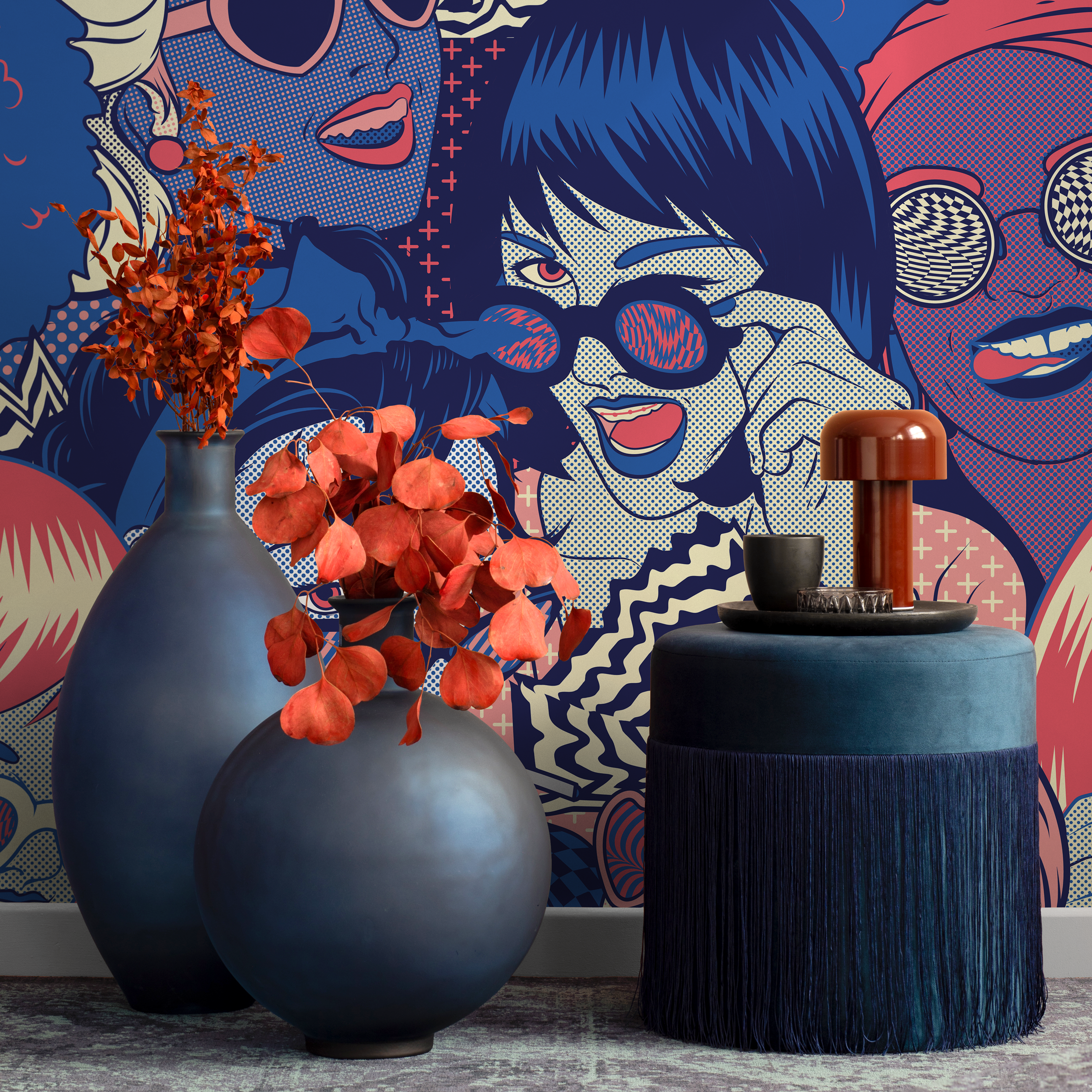 Pop Art Wallpaper Featuring Graphic Female Portraits In Blue, Pink, And Red - B523