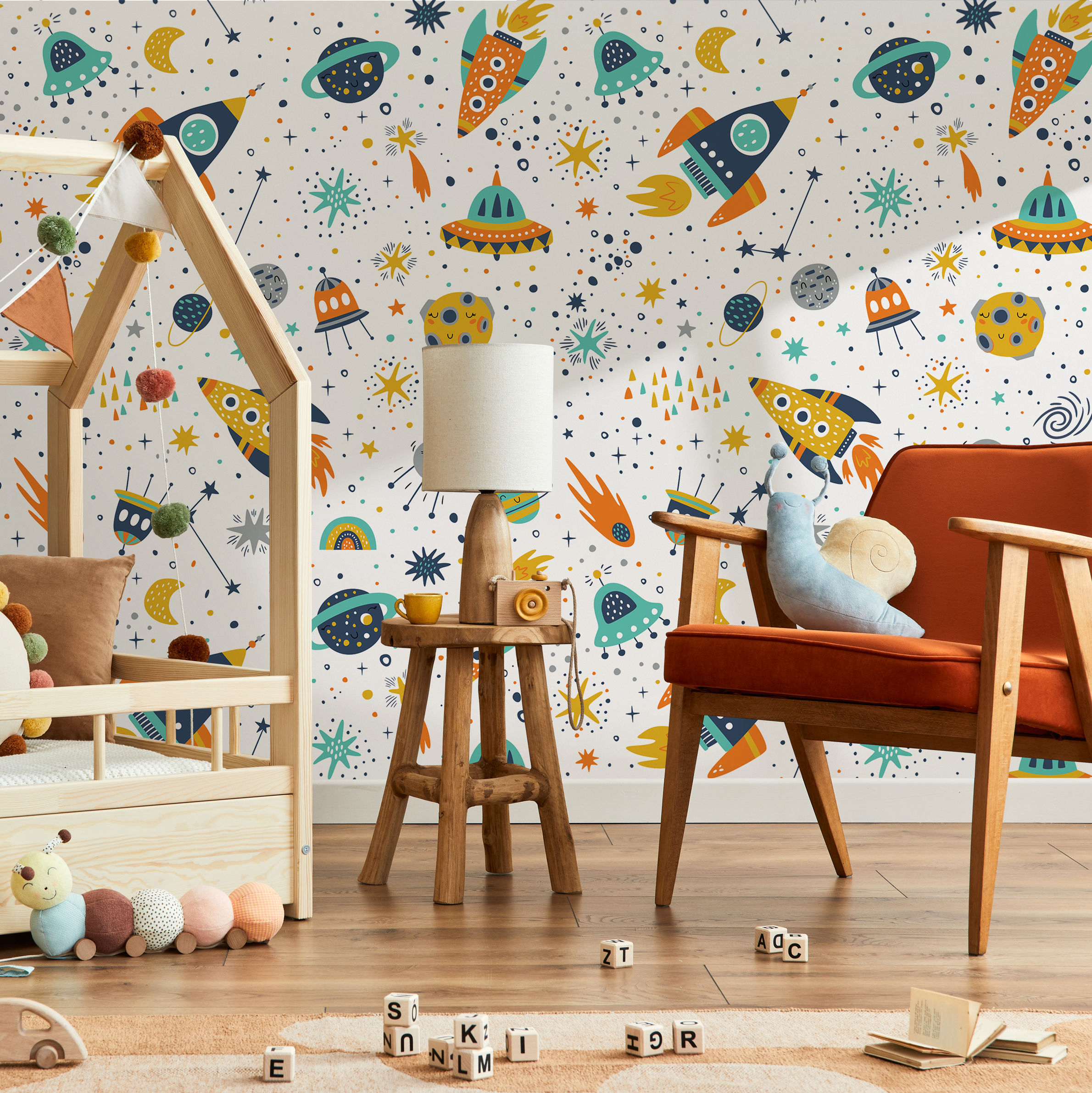 Kids Wallpaper With A Scandinavian Space Motif In Yellow, Orange, And Blue - B524