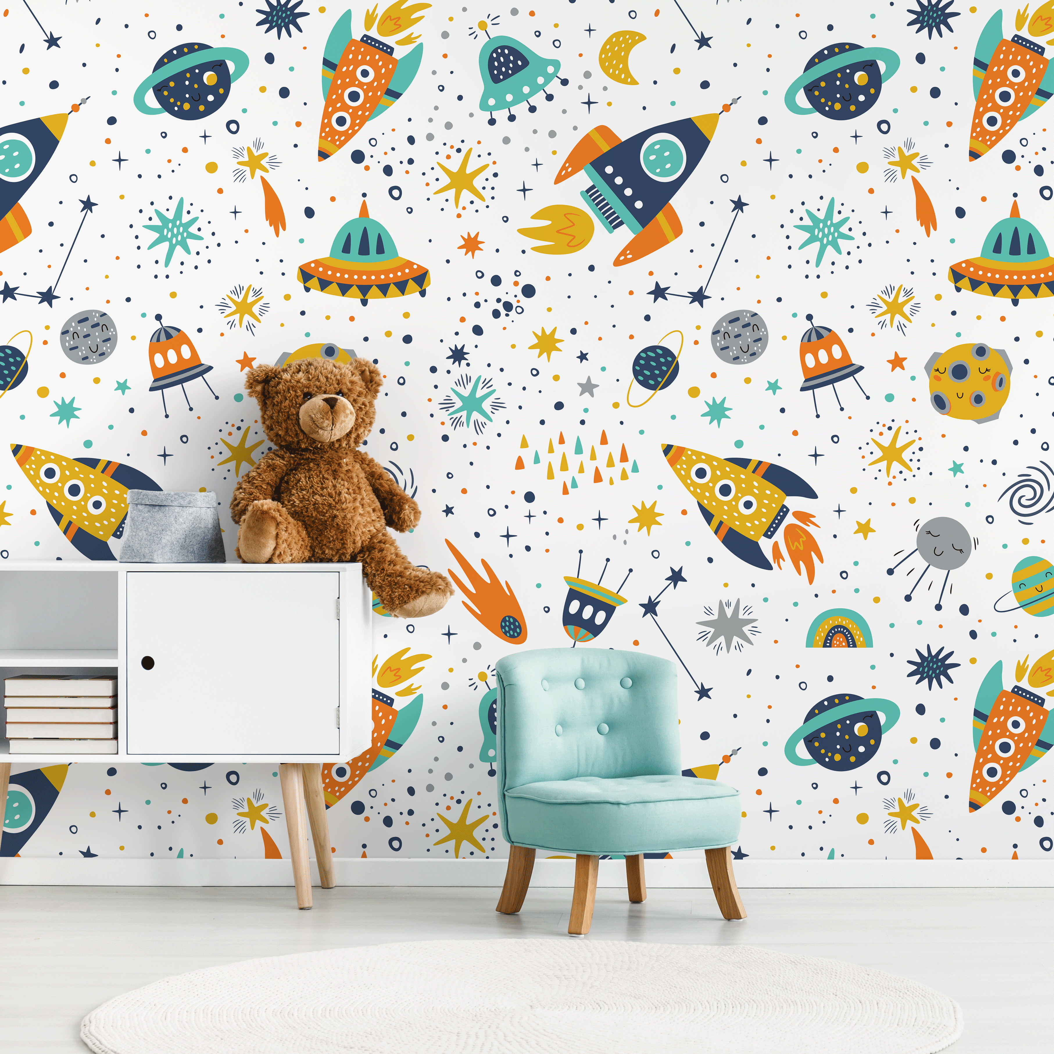 Kids Wallpaper With A Scandinavian Space Motif In Yellow, Orange, And Blue - B524