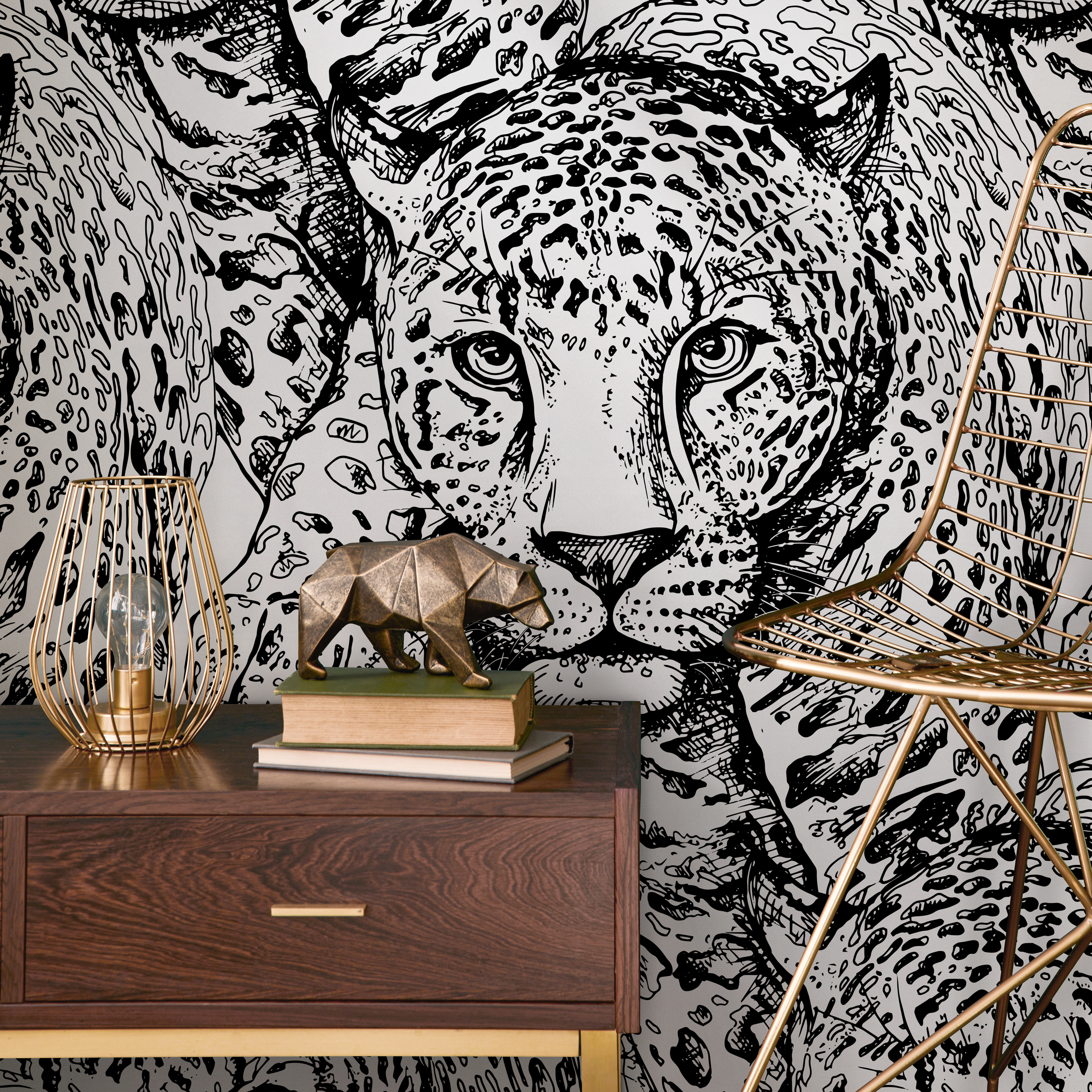 Animal Wallpaper Featuring Illustrated Jaguars In Black And White - B525