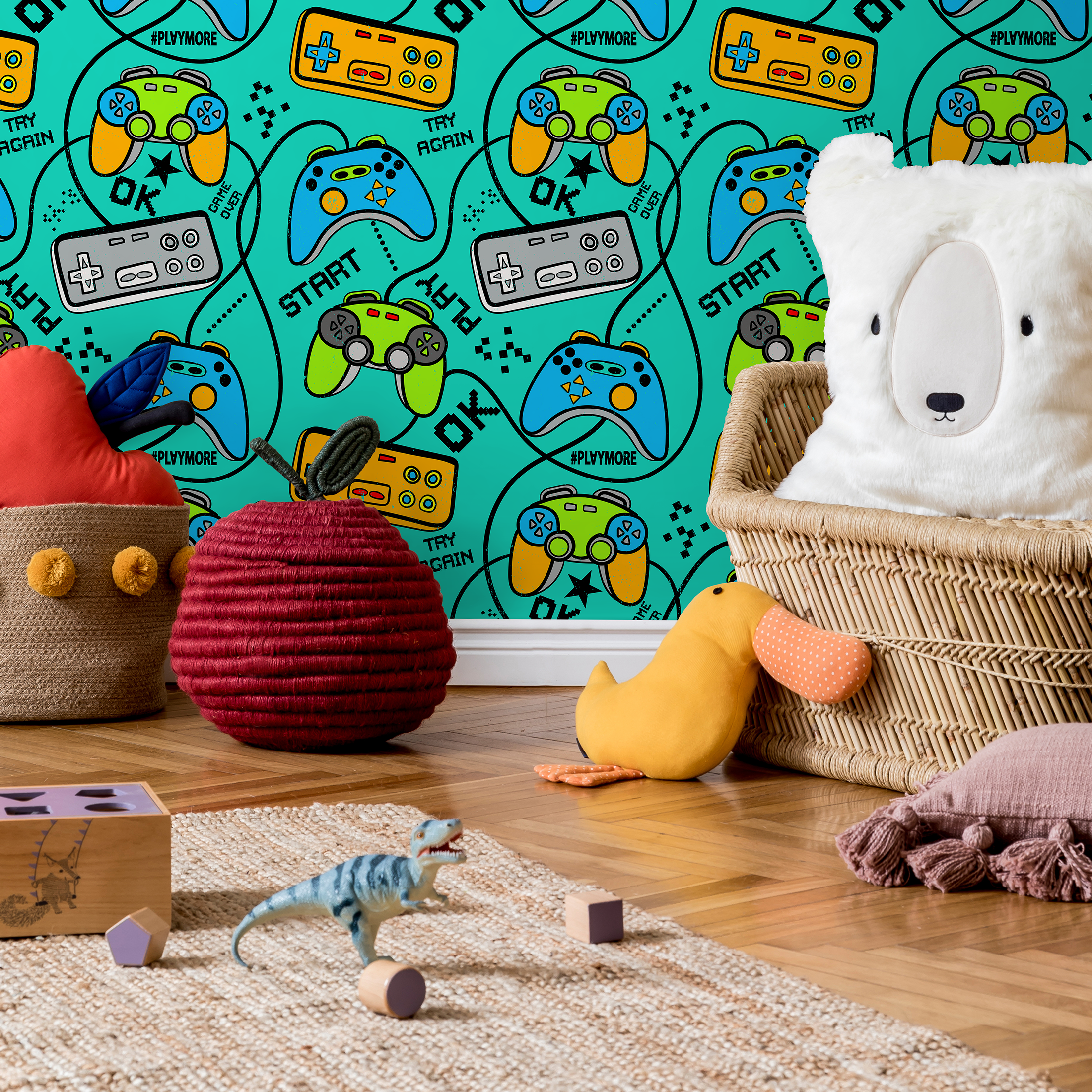 Gamer Wallpaper With Retro Game Controllers In Teal, Green, And Blue - B526