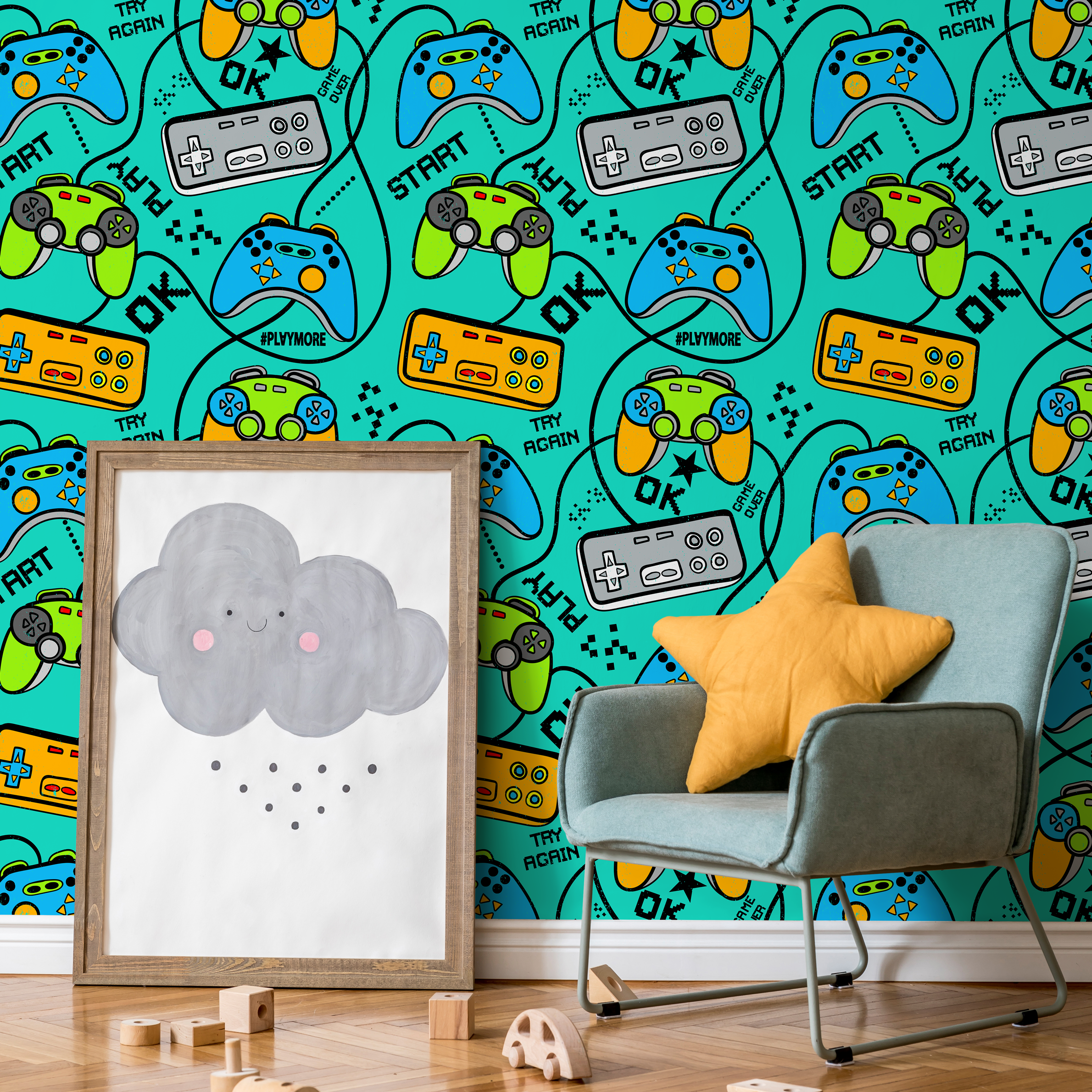 Gamer Wallpaper With Retro Game Controllers In Teal, Green, And Blue - B526