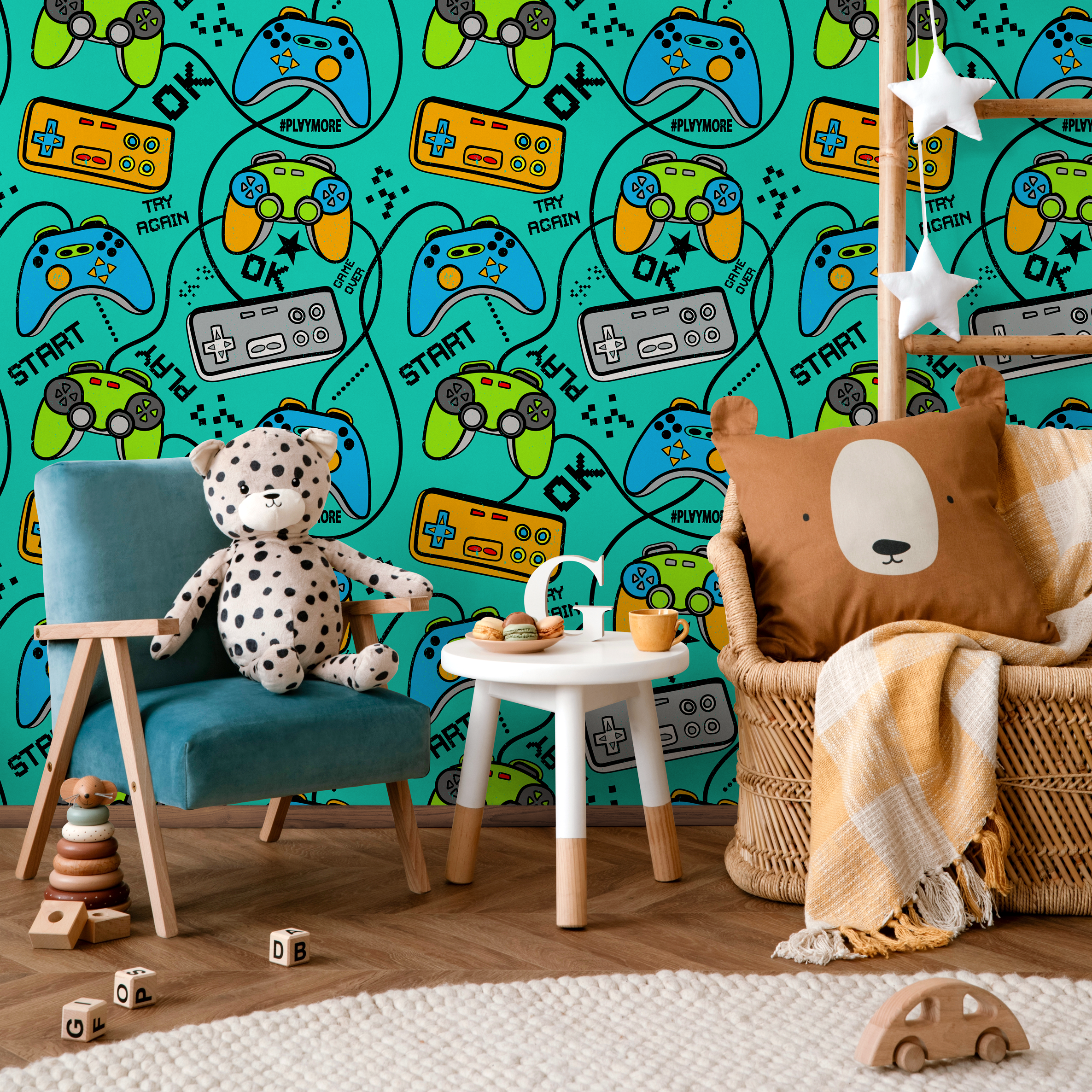 Gamer Wallpaper With Retro Game Controllers In Teal, Green, And Blue - B526