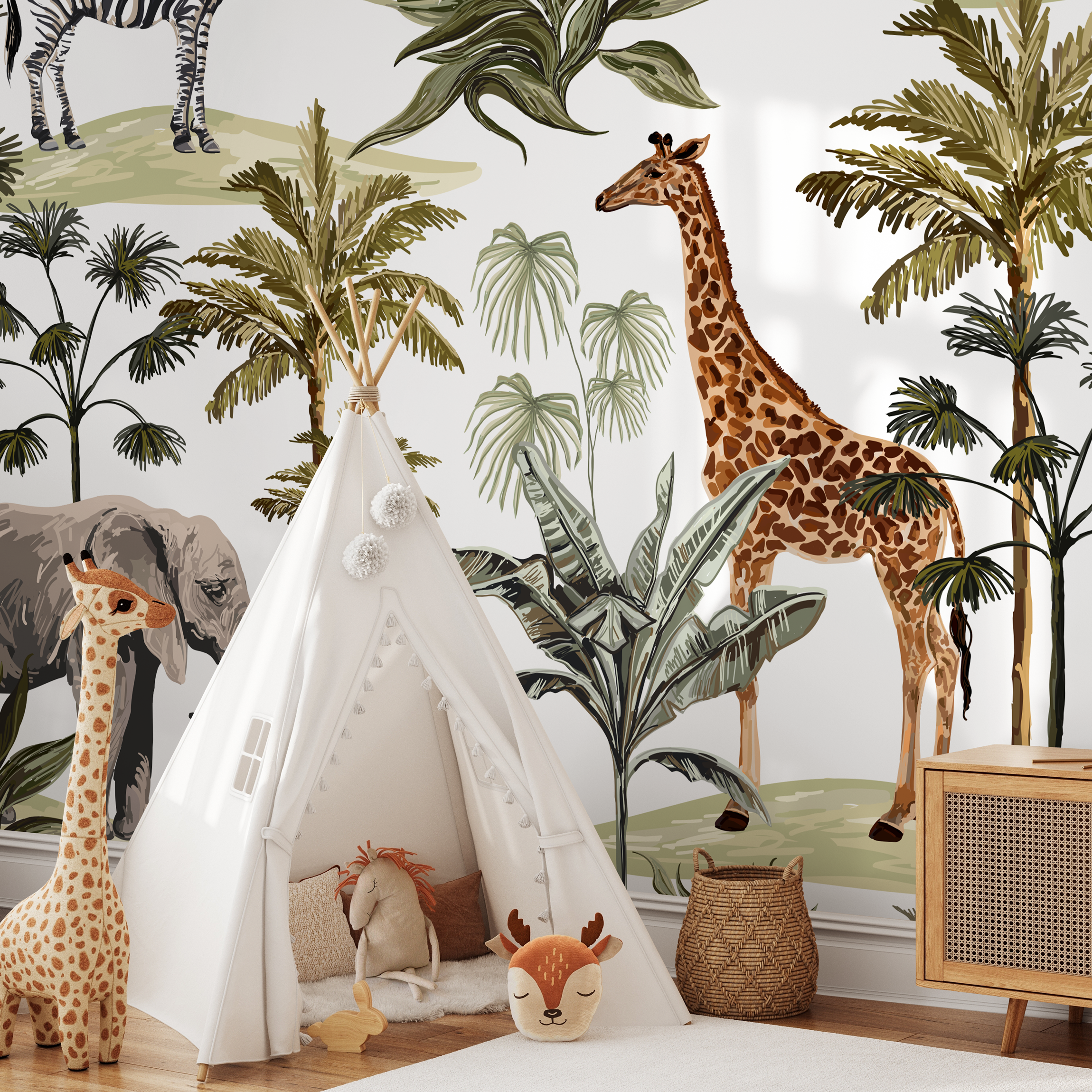 Safari Wallpaper With Illustrated Jungle Animals In Green, Grey, And Black - B527
