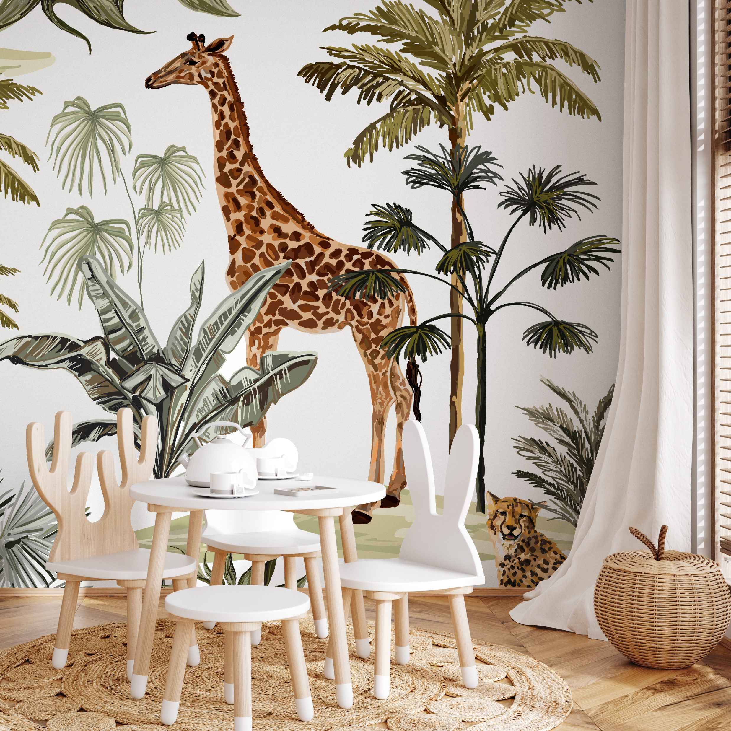 Safari Wallpaper With Illustrated Jungle Animals In Green, Grey, And Black - B527