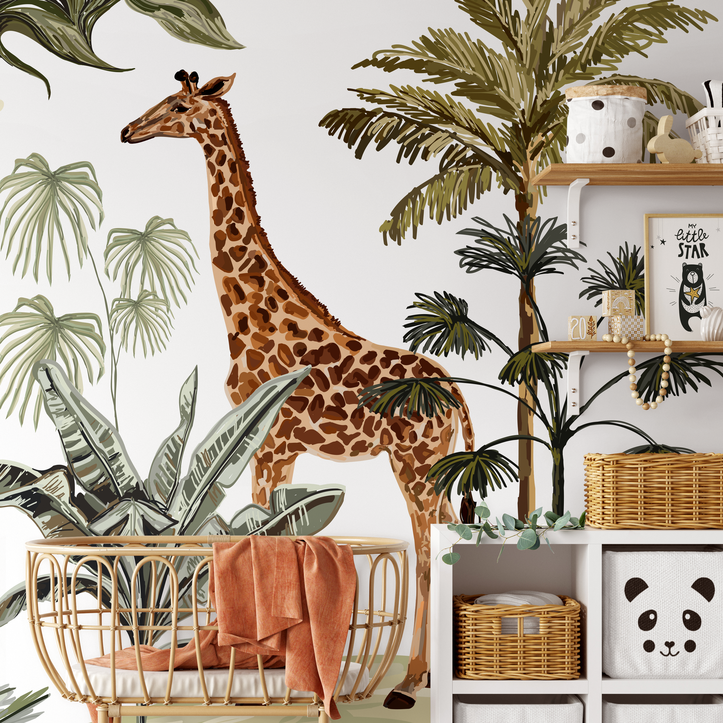 Safari Wallpaper With Illustrated Jungle Animals In Green, Grey, And Black - B527