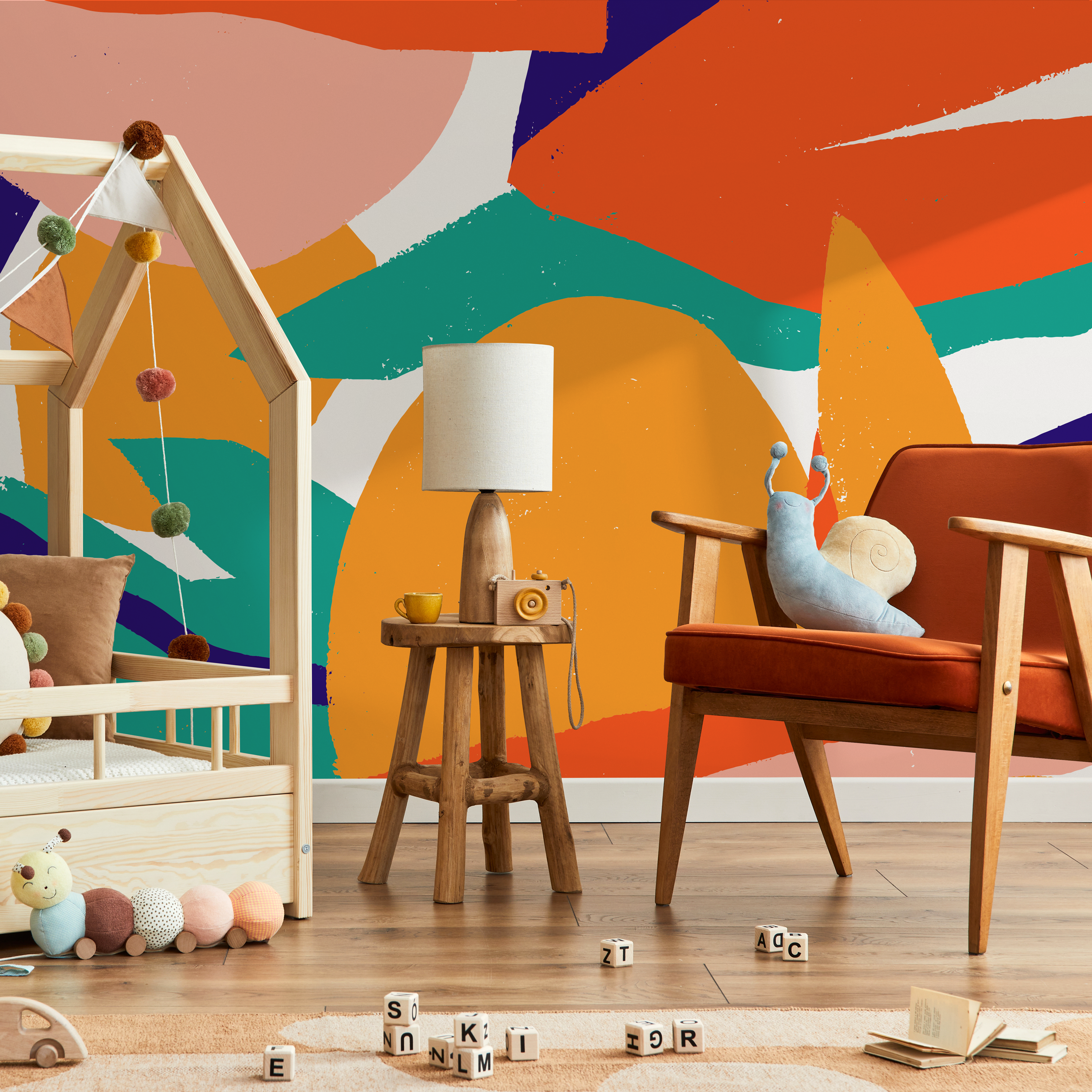 Abstract Wallpaper With A Bold Collage Motif In Orange, Blue, And Teal - B528