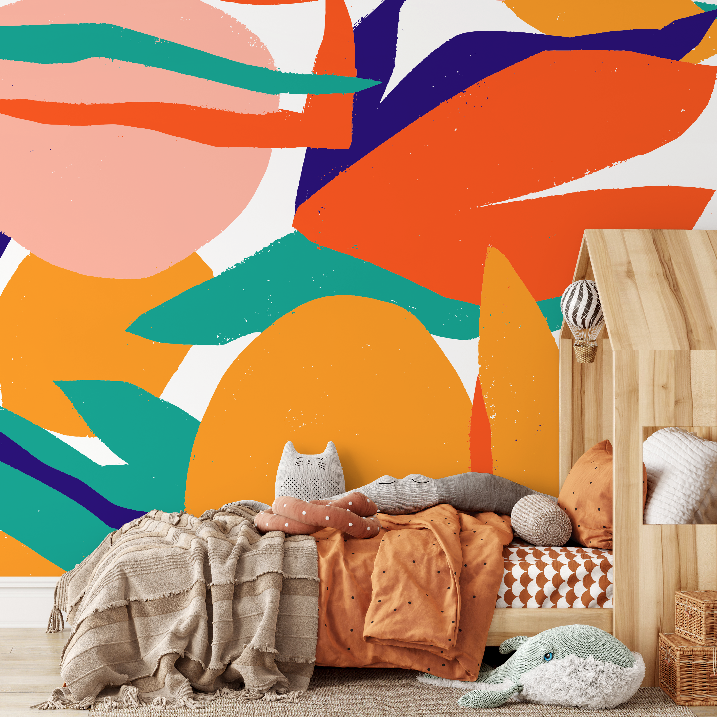 Abstract Wallpaper With A Bold Collage Motif In Orange, Blue, And Teal - B528