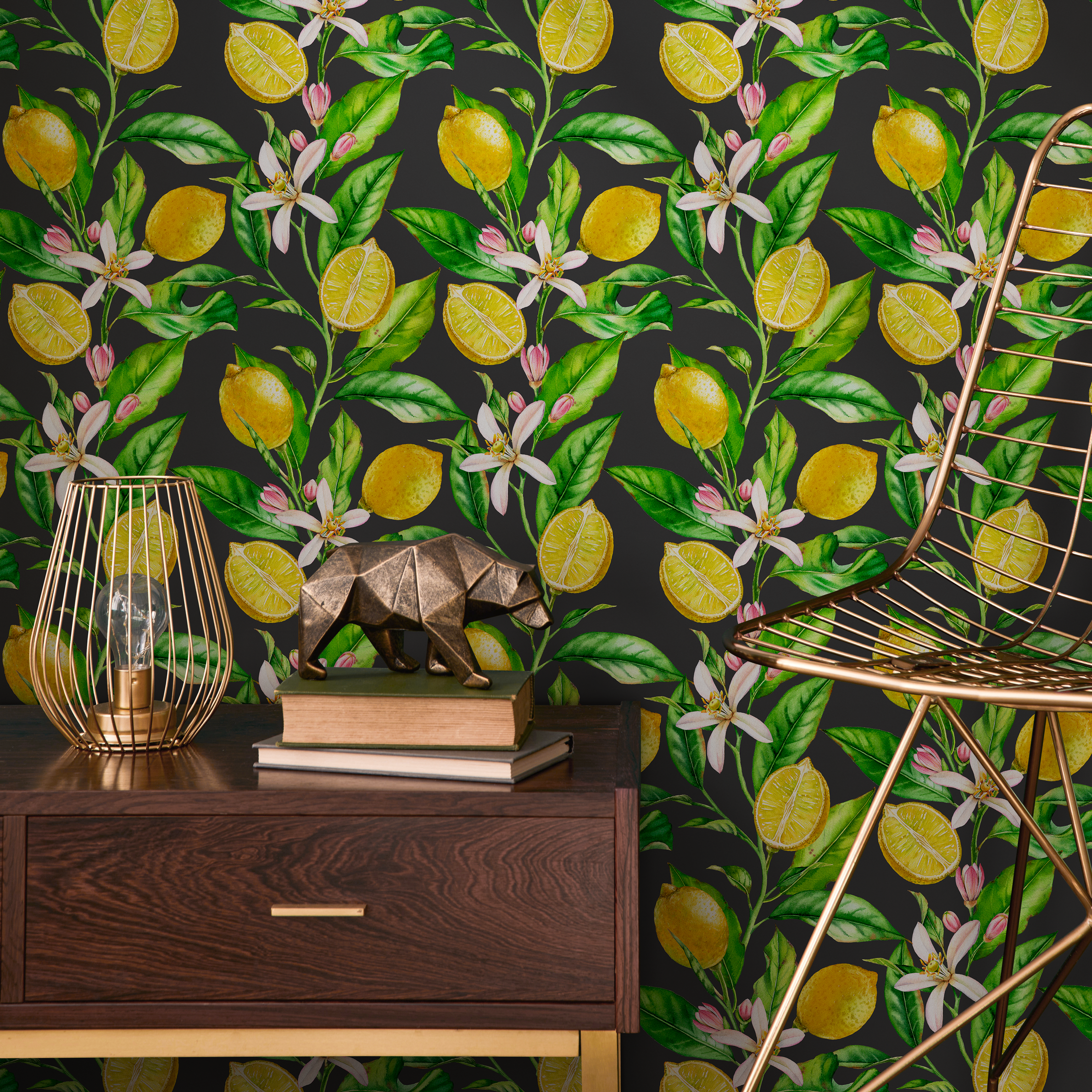 Botanical Wallpaper With A Lemon And Floral Motif In Yellow, Green, And Black - B529
