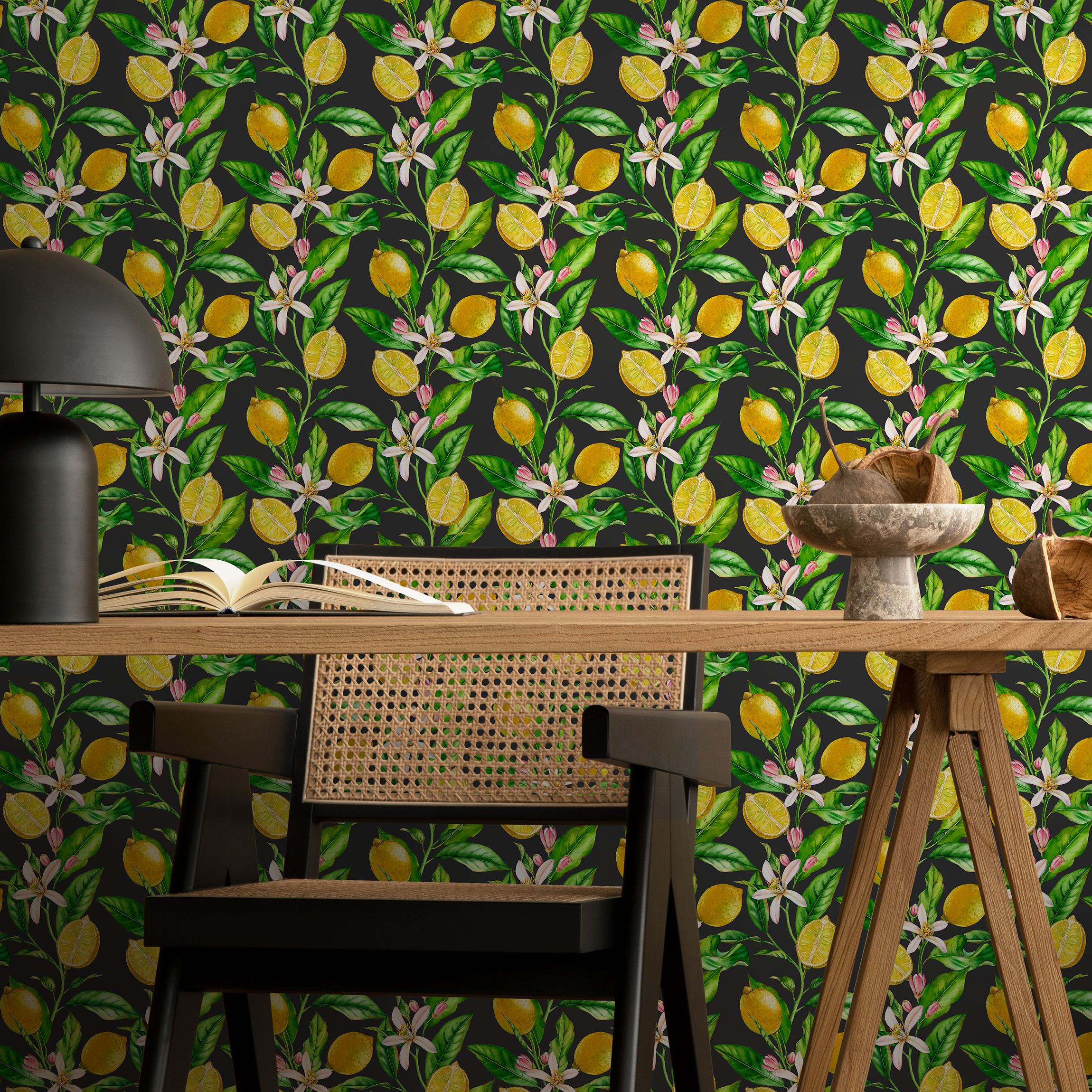 Botanical Wallpaper With A Lemon And Floral Motif In Yellow, Green, And Black - B529