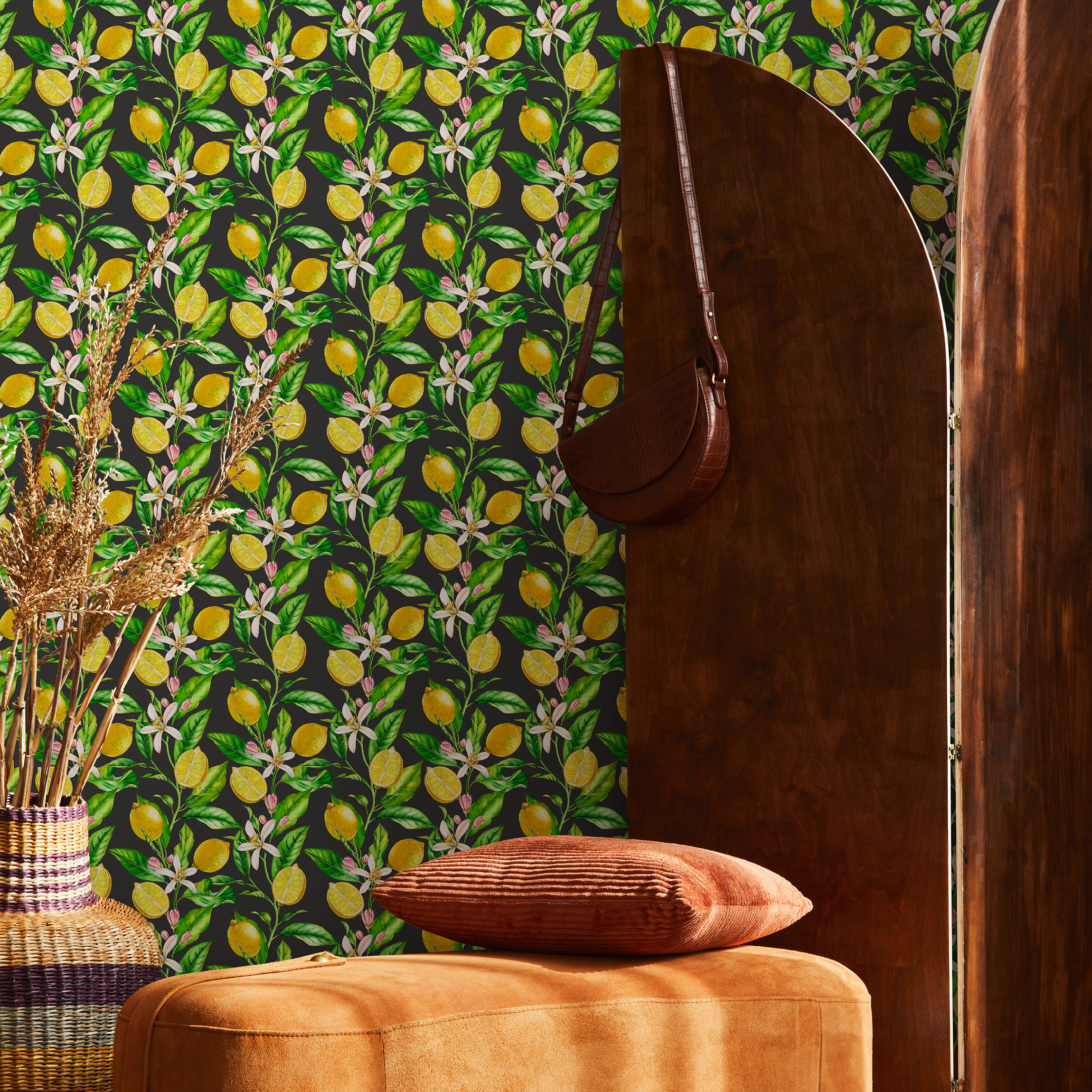 Botanical Wallpaper With A Lemon And Floral Motif In Yellow, Green, And Black - B529