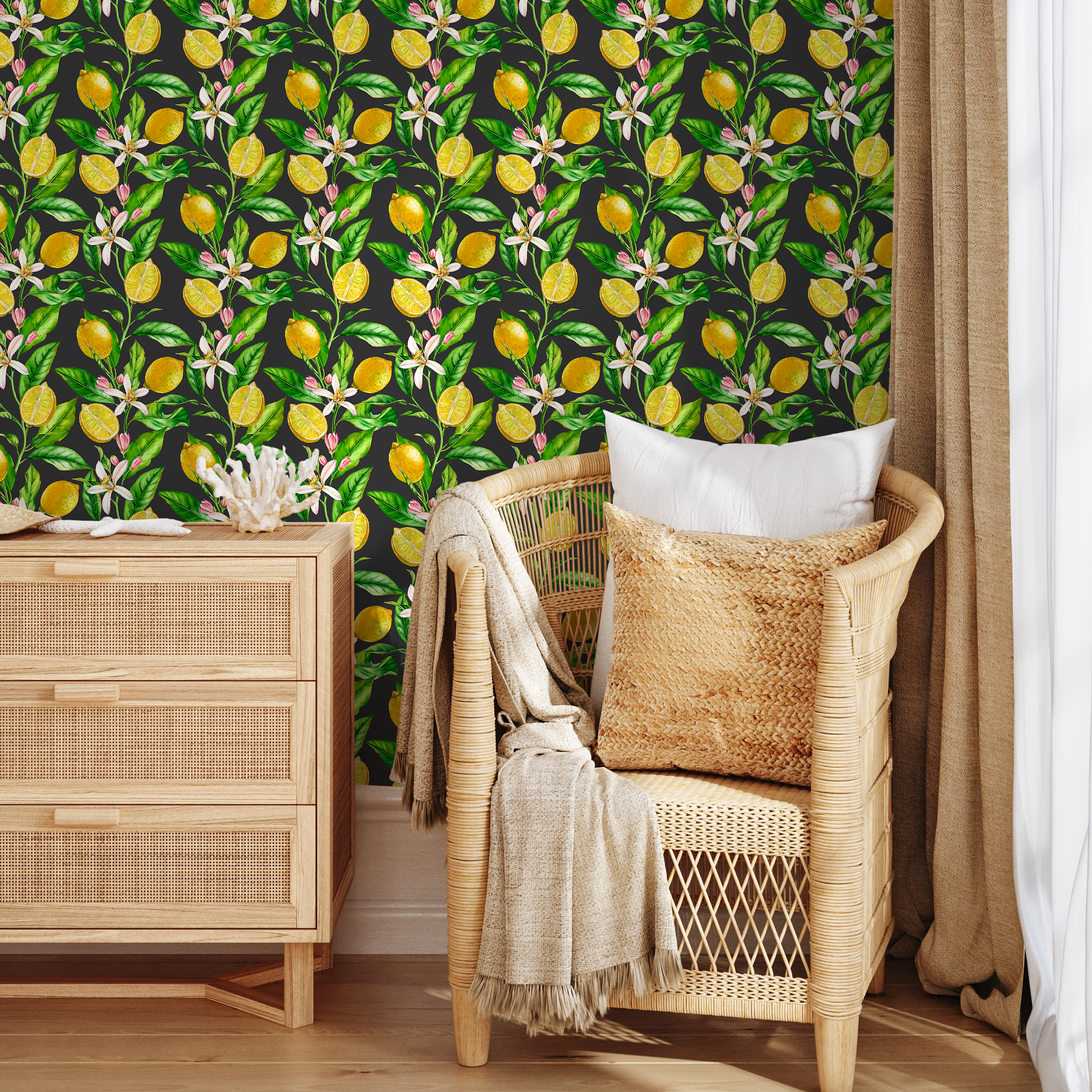 Botanical Wallpaper With A Lemon And Floral Motif In Yellow, Green, And Black - B529