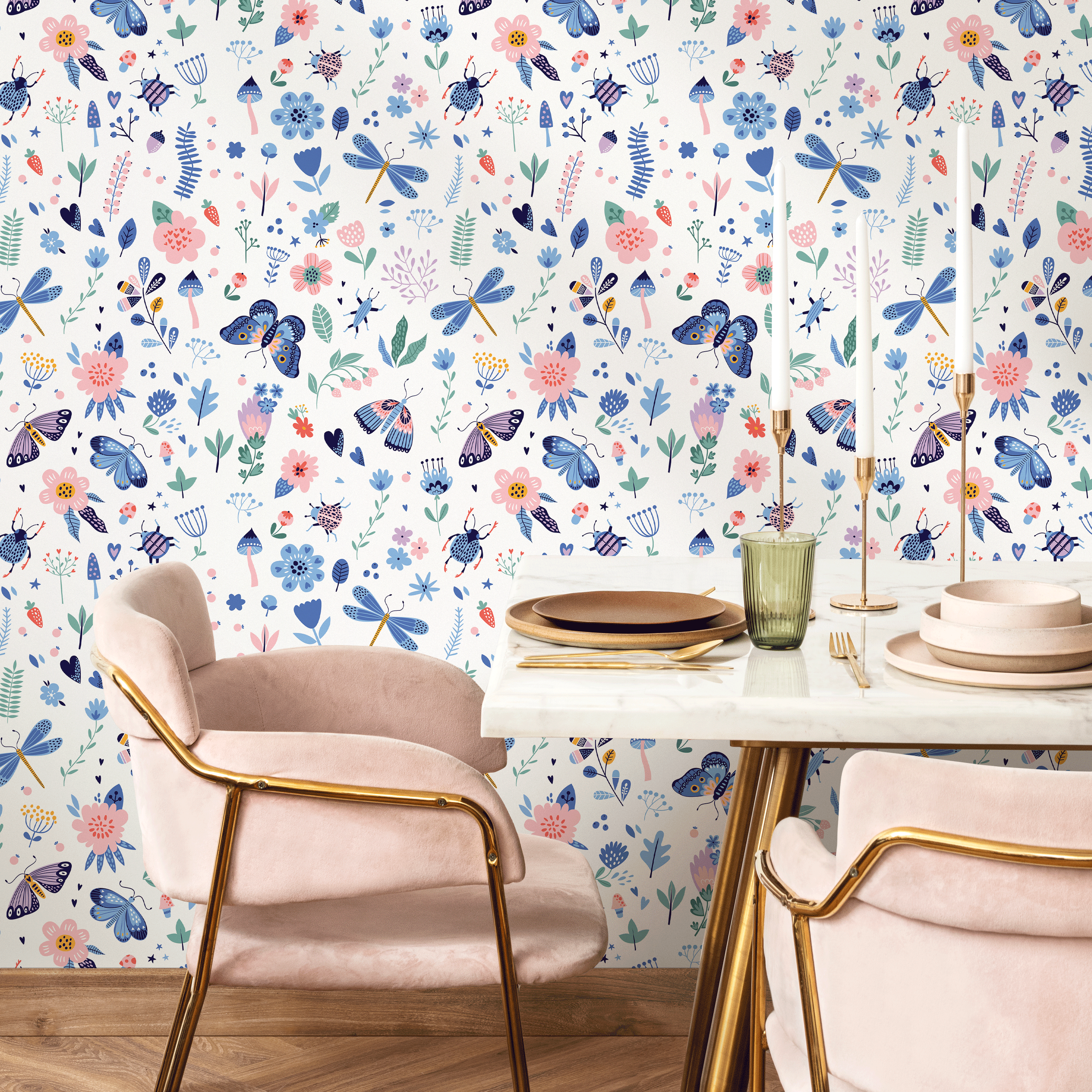 Botanical Wallpaper With Whimsical Butterflies And Wildflowers In Blue And Pink - B530