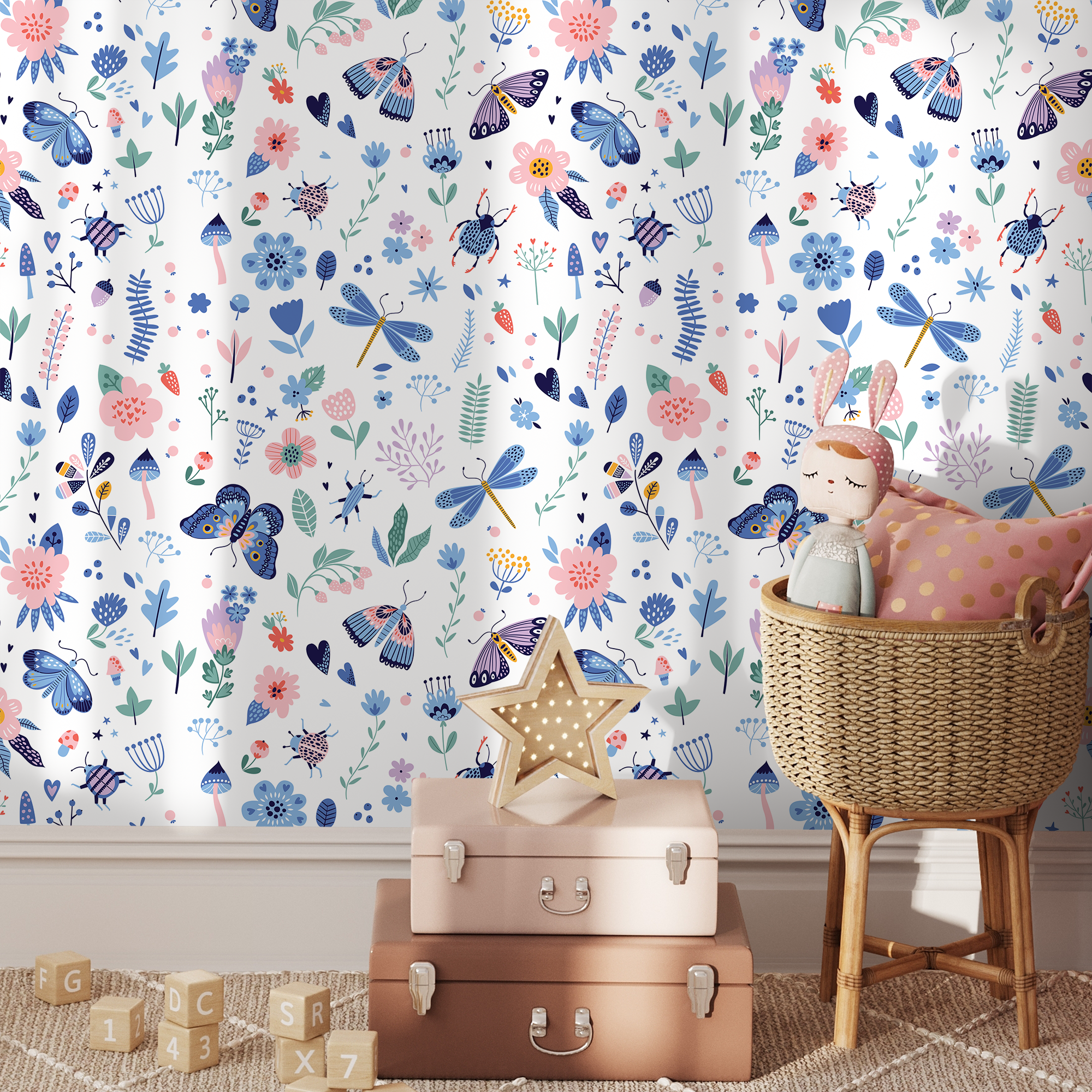 Botanical Wallpaper With Whimsical Butterflies And Wildflowers In Blue And Pink - B530