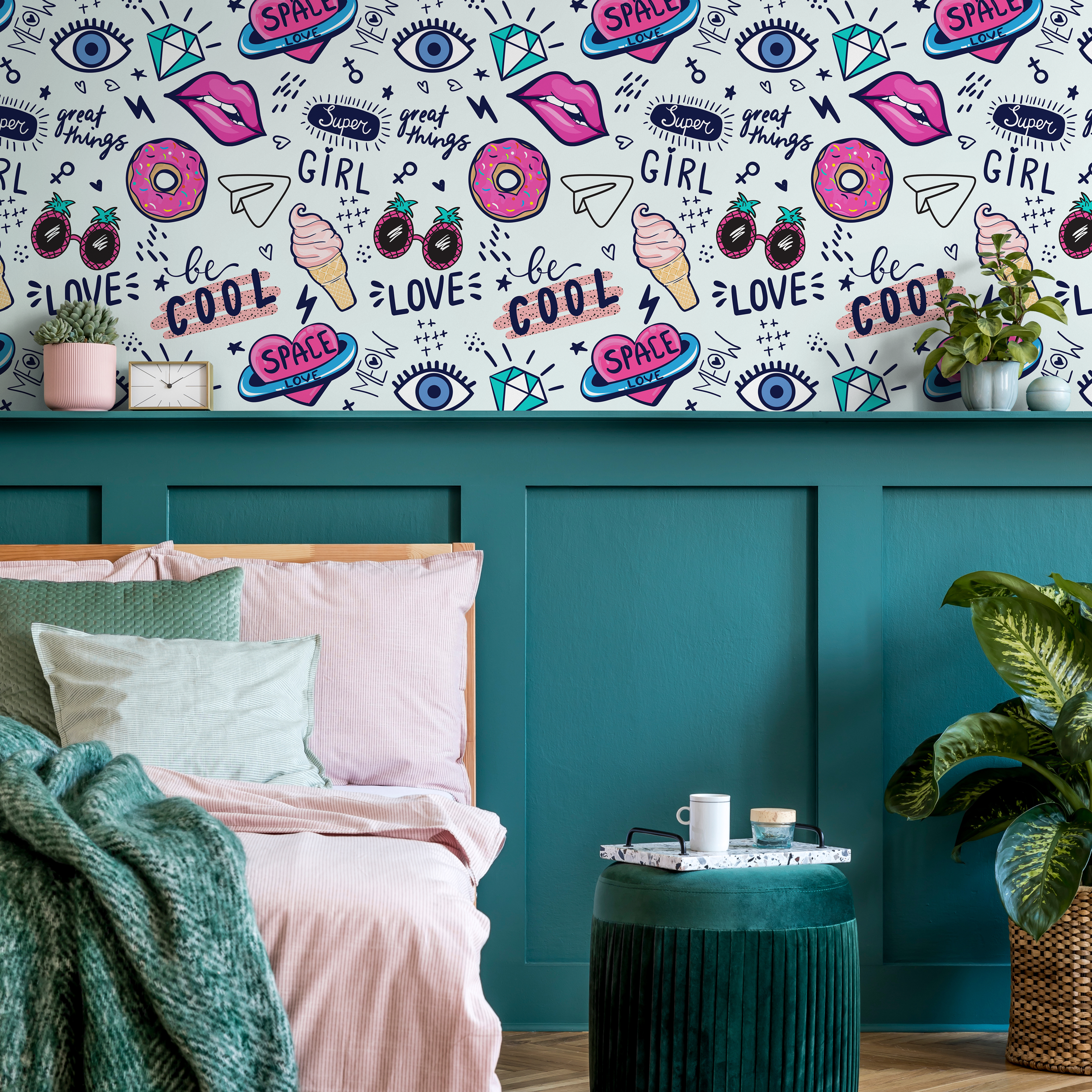 Pop Art Wallpaper Featuring Energetic Doodles In Pink And Blue - B531