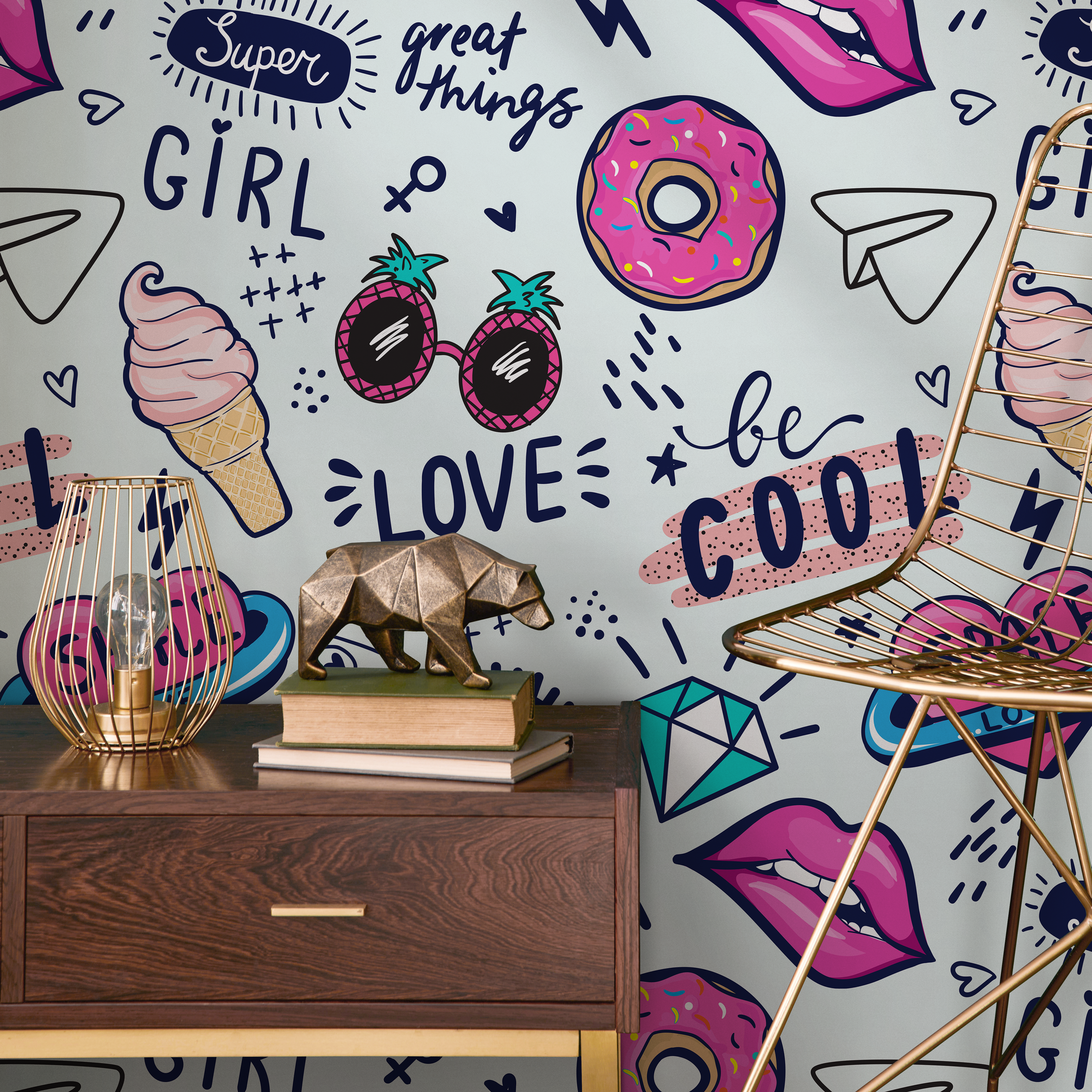 Pop Art Wallpaper Featuring Energetic Doodles In Pink And Blue - B531