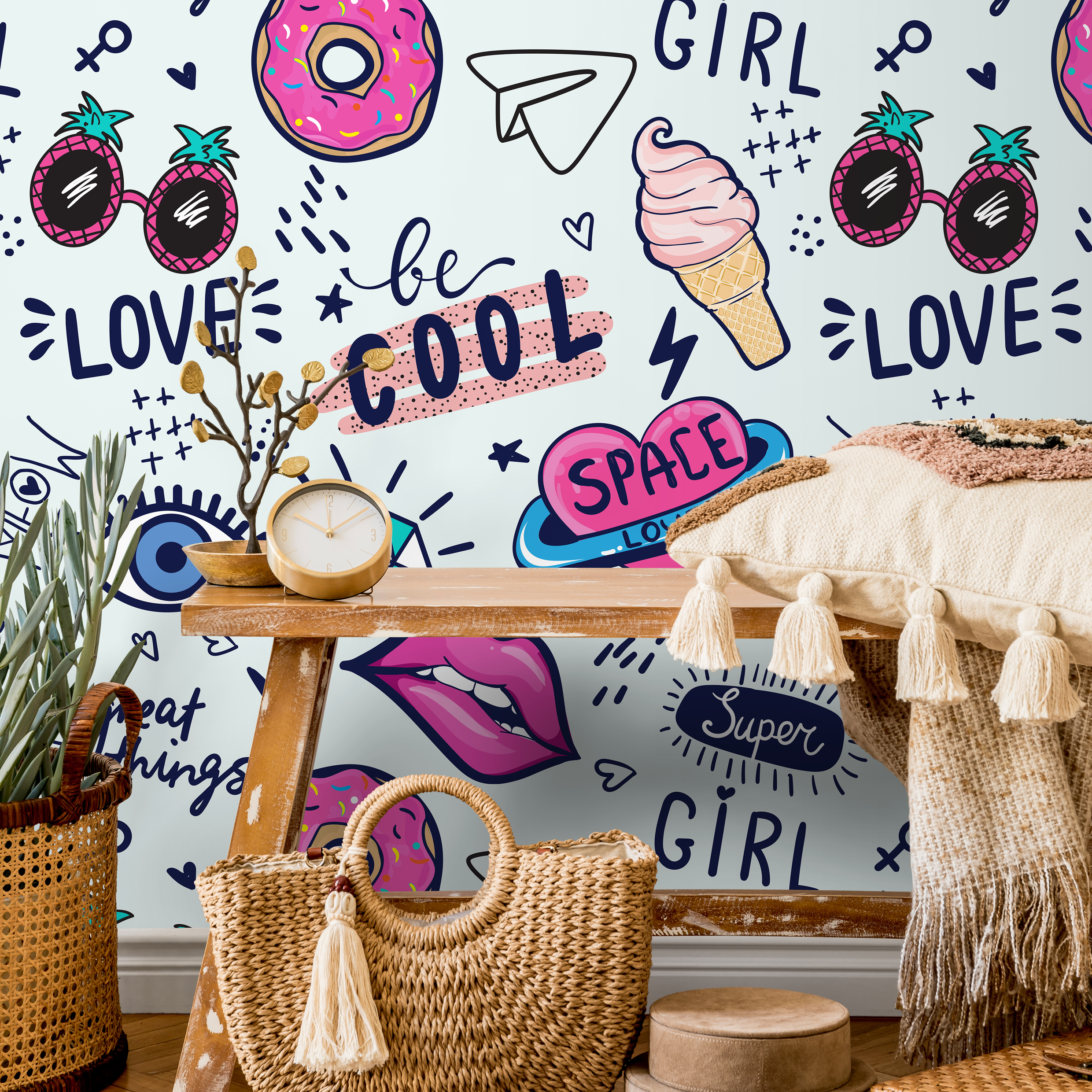 Pop Art Wallpaper Featuring Energetic Doodles In Pink And Blue - B531