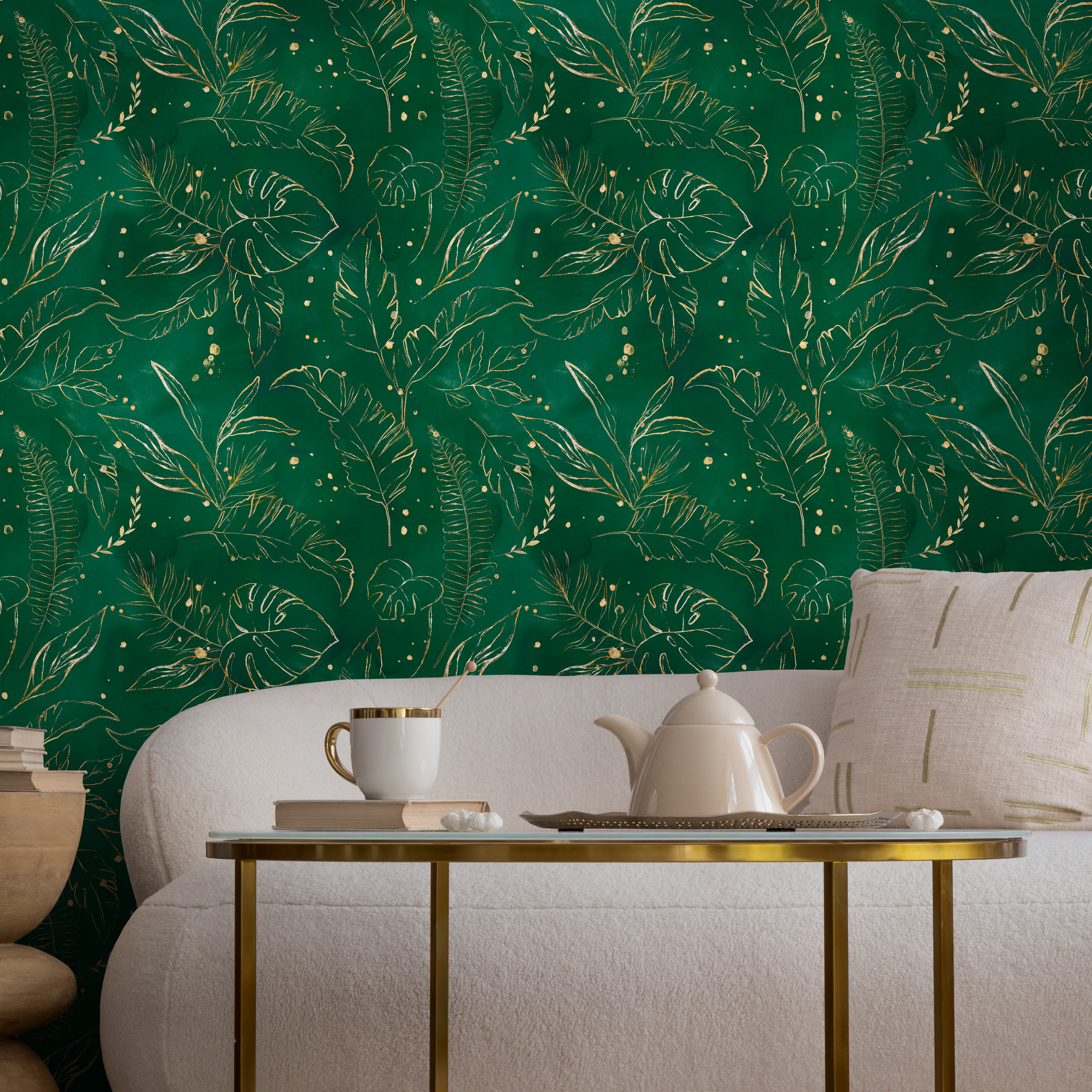 Tropical Wallpaper Featuring Gilded Tropical Leaves In Green And Gold - B532