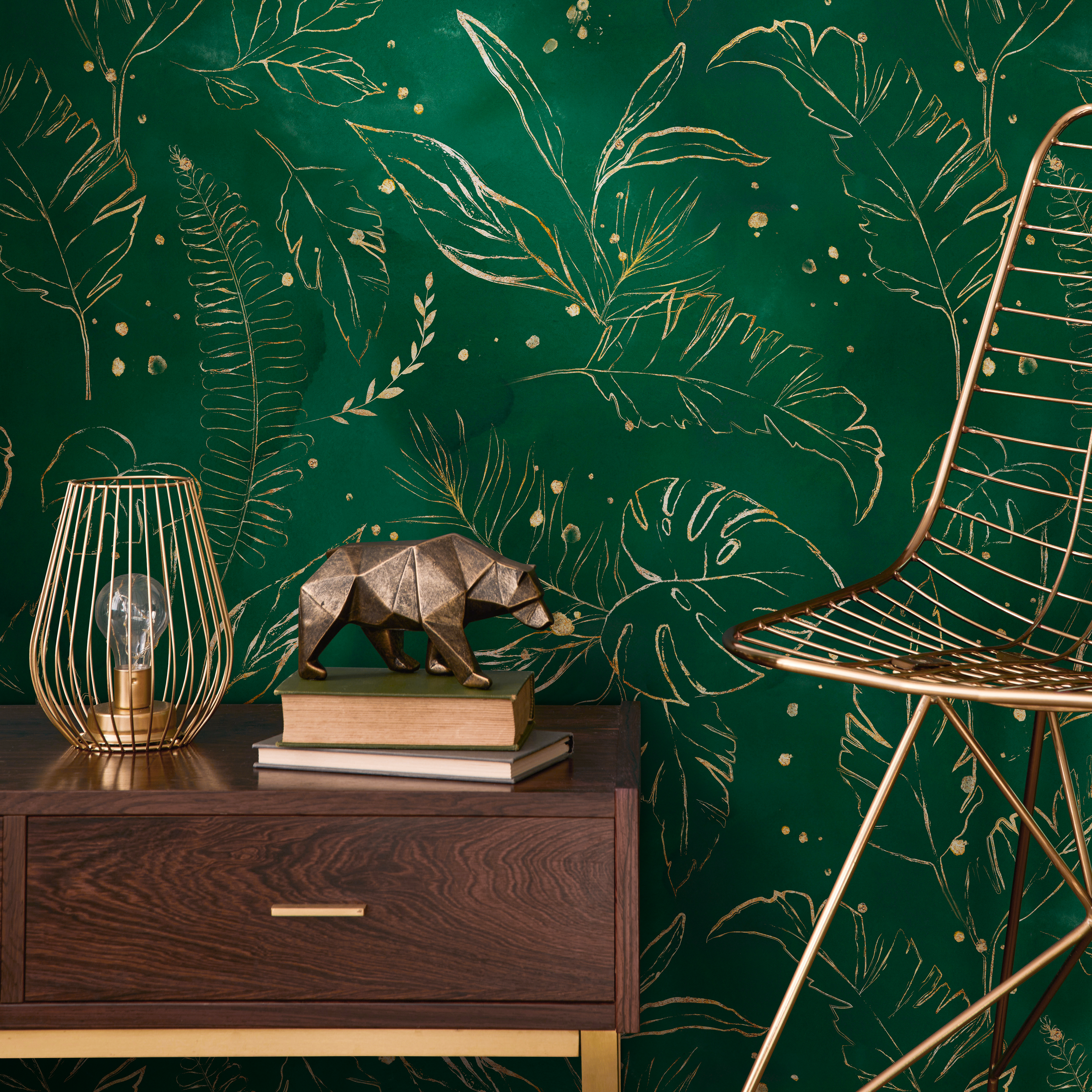 Tropical Wallpaper Featuring Gilded Tropical Leaves In Green And Gold - B532