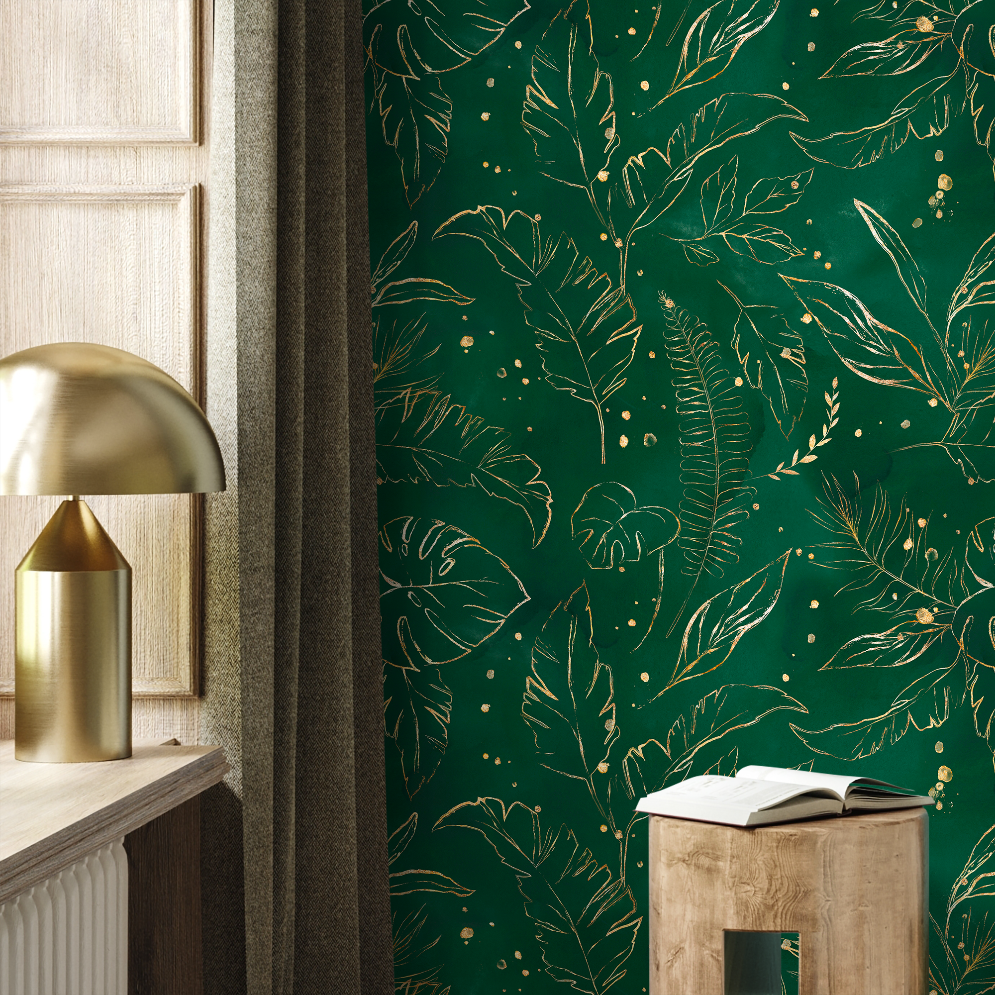 Tropical Wallpaper Featuring Gilded Tropical Leaves In Green And Gold - B532