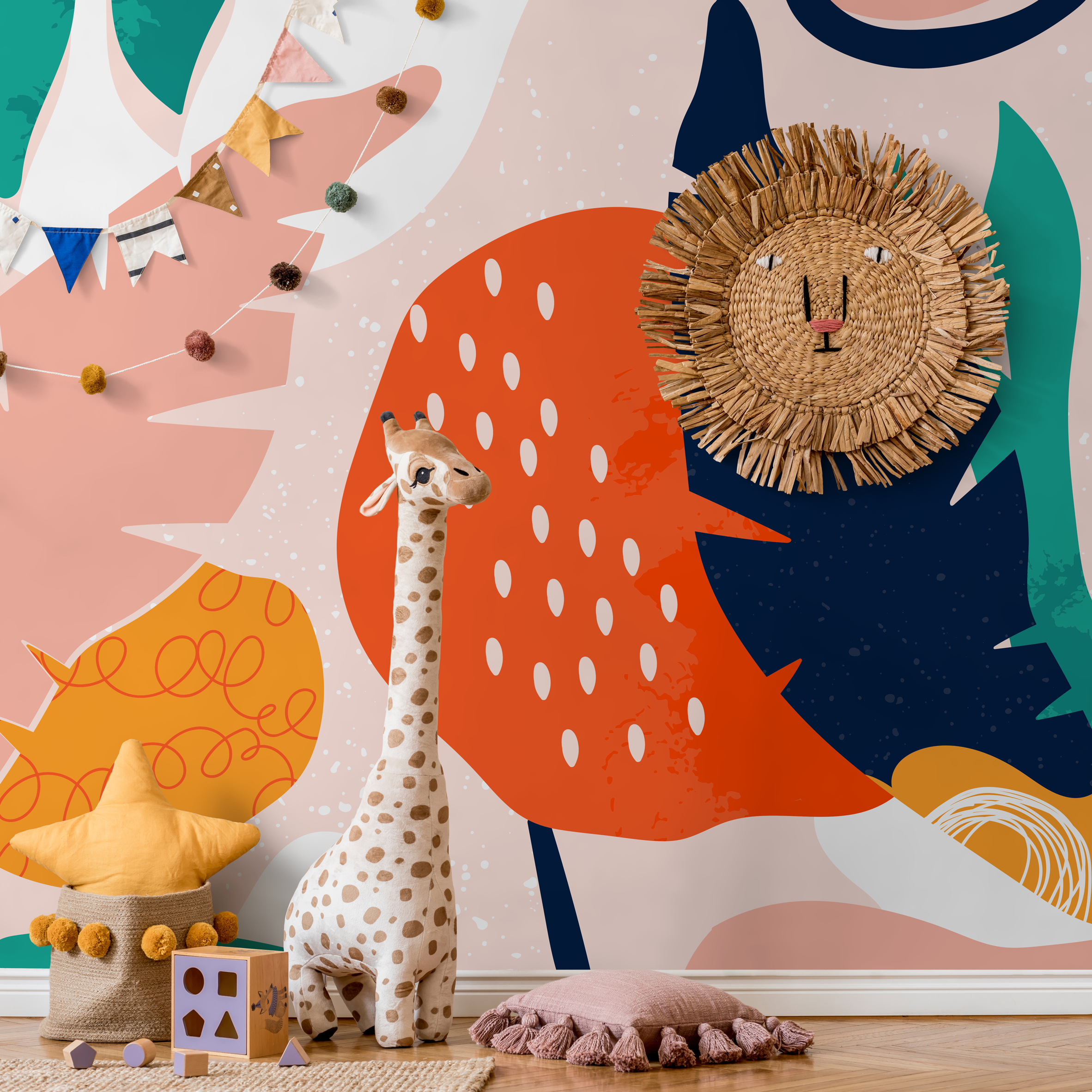 Abstract Wallpaper With Bold Botanical Shapes In Pink, Teal, And Orange - B533