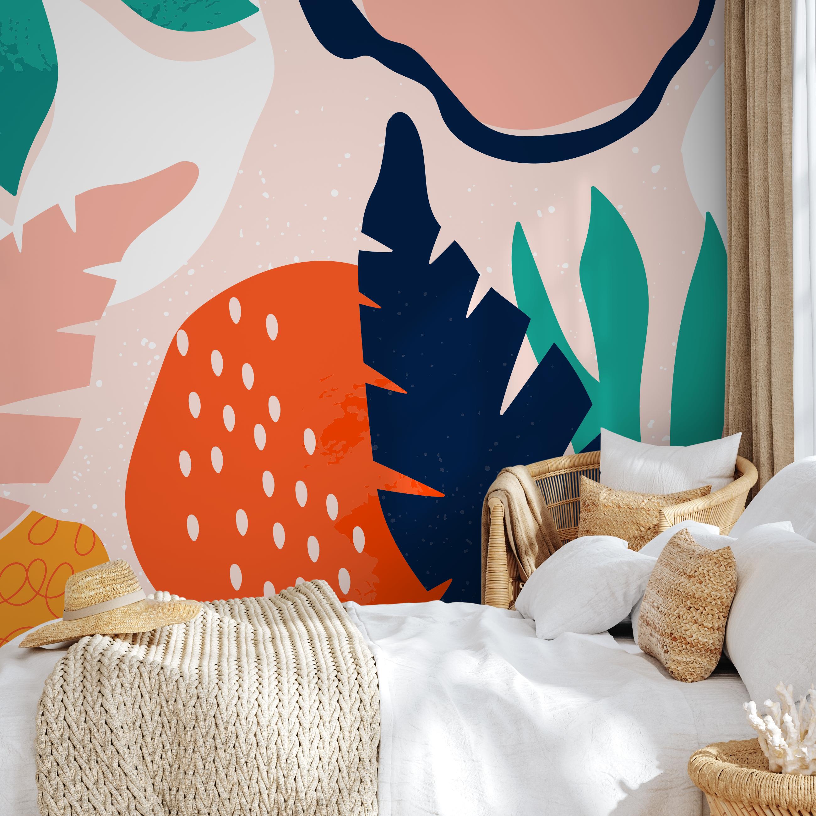 Abstract Wallpaper With Bold Botanical Shapes In Pink, Teal, And Orange - B533