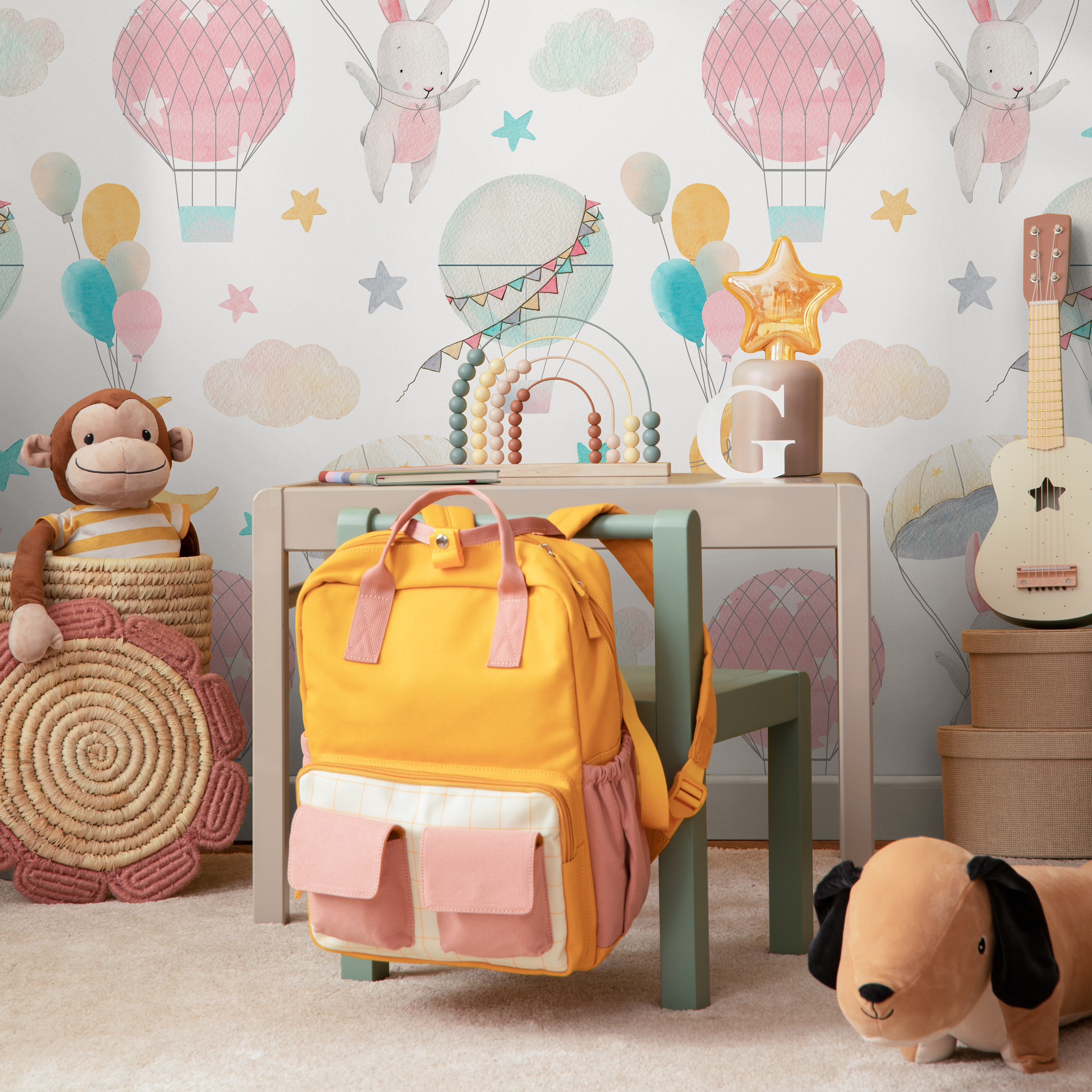 Nursery Wallpaper With Watercolor Bunnies And Balloons In Pink, Blue, And Yellow - B536