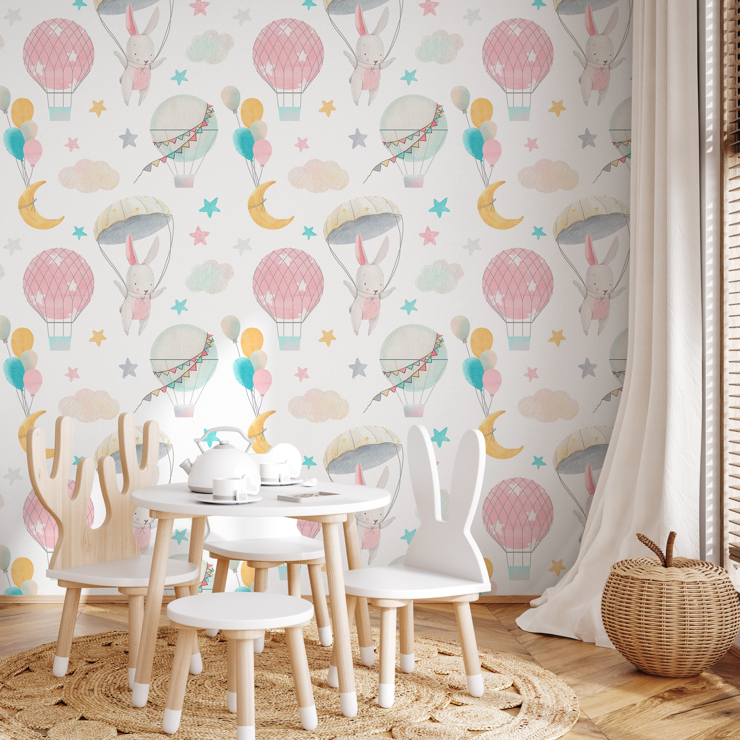 Nursery Wallpaper With Watercolor Bunnies And Balloons In Pink, Blue, And Yellow - B536