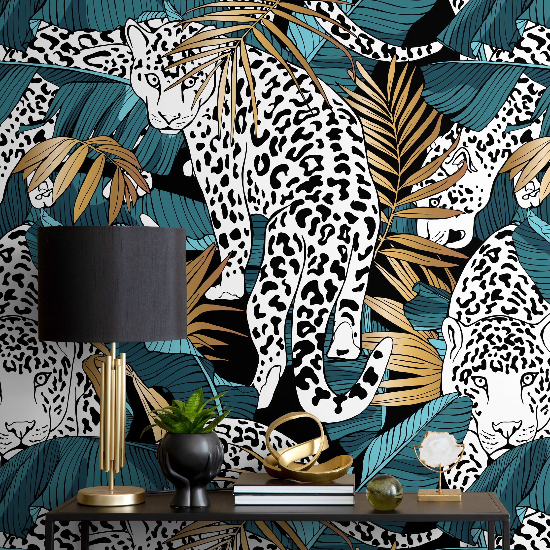 Jungle Wallpaper With A Leopard And Palm Leaves In Teal, Black, And Gold - B537