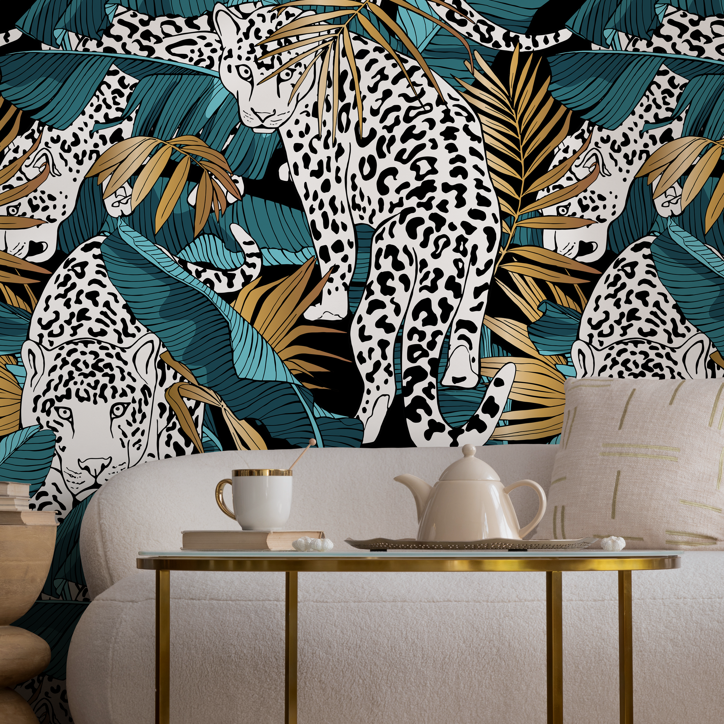 Jungle Wallpaper With A Leopard And Palm Leaves In Teal, Black, And Gold - B537