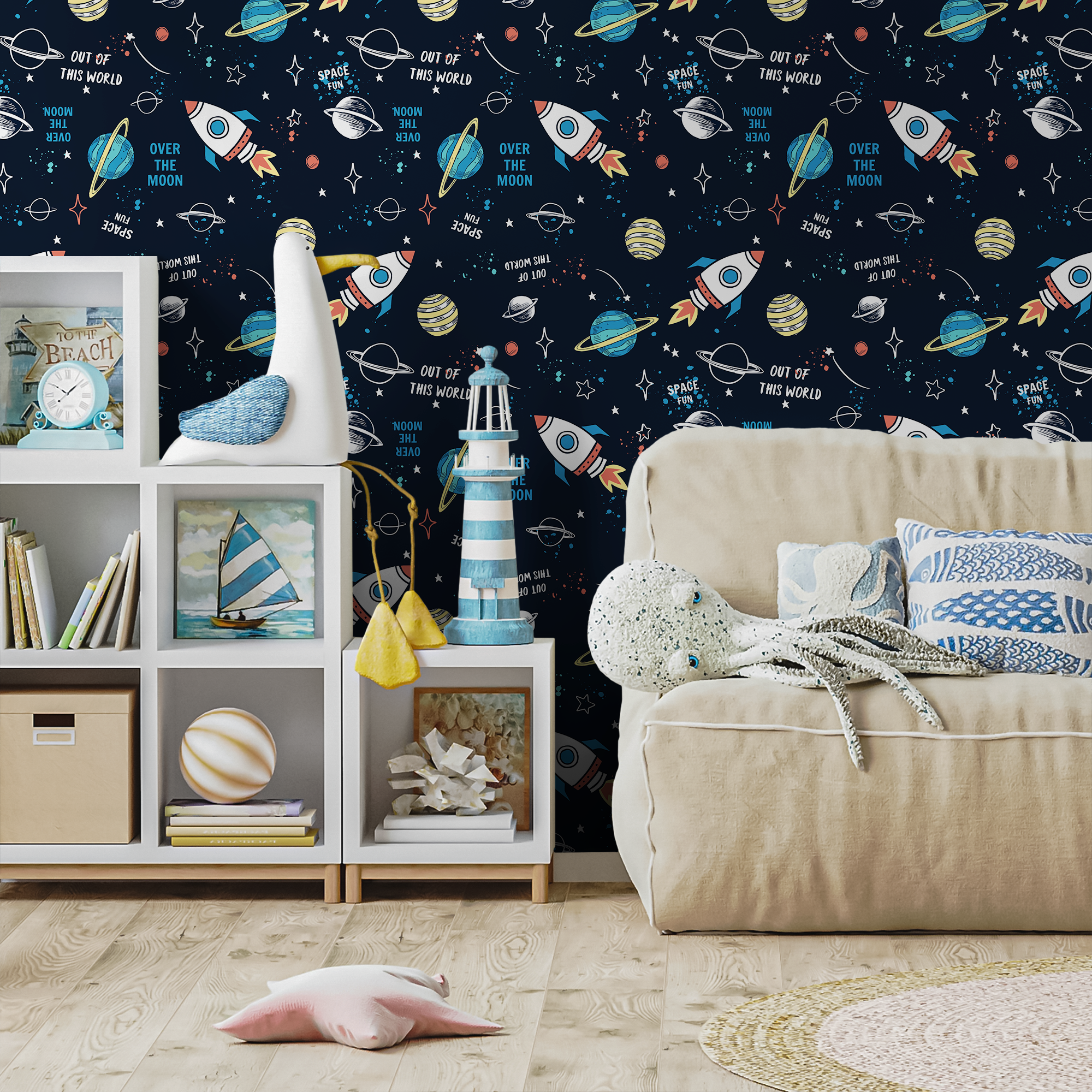 Space Wallpaper With Cartoon Rockets And Planets In Navy Blue, Red, And Yellow - B538