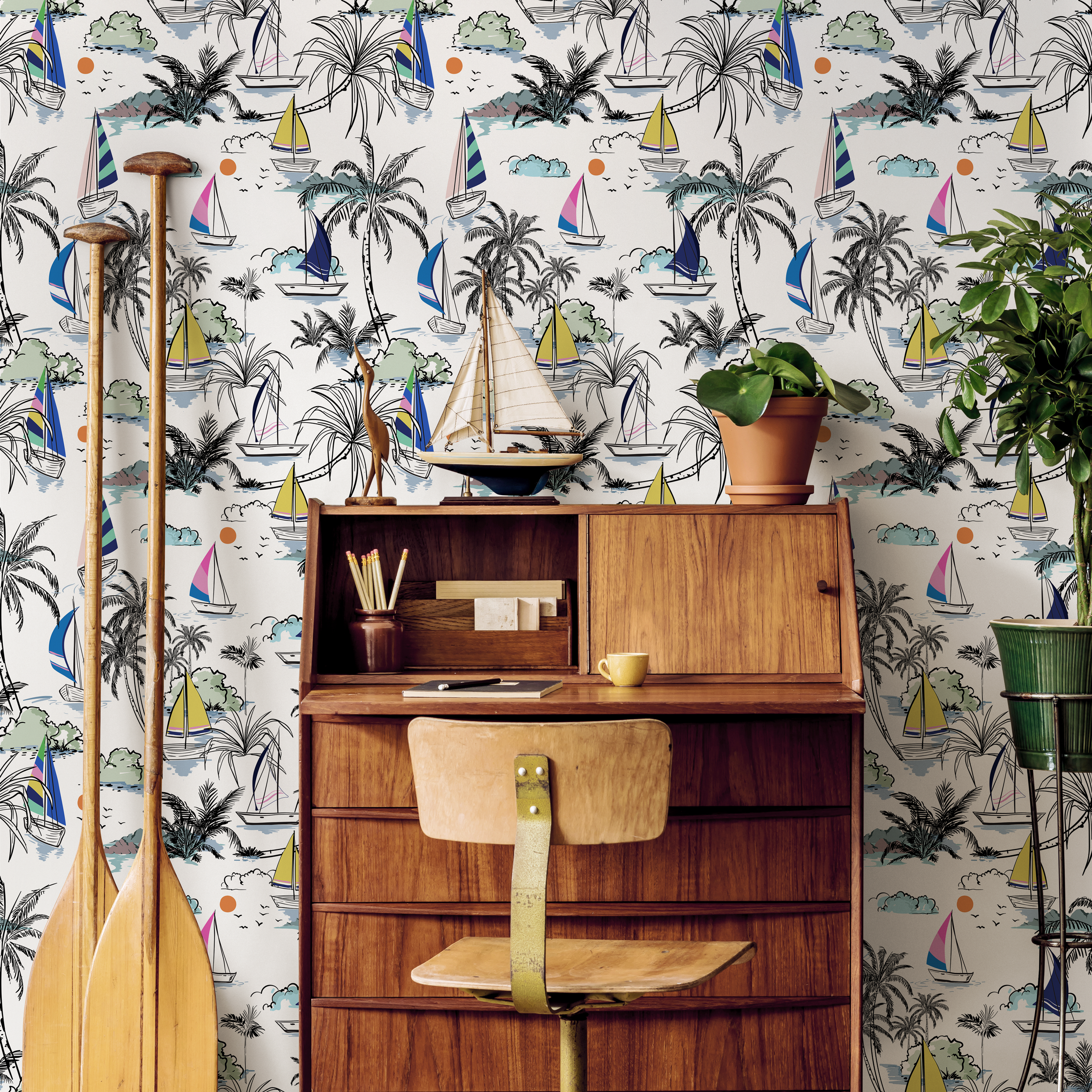 Nautical Wallpaper With A Tropical Sailing Scene In Blue, Yellow, And Pink - B540