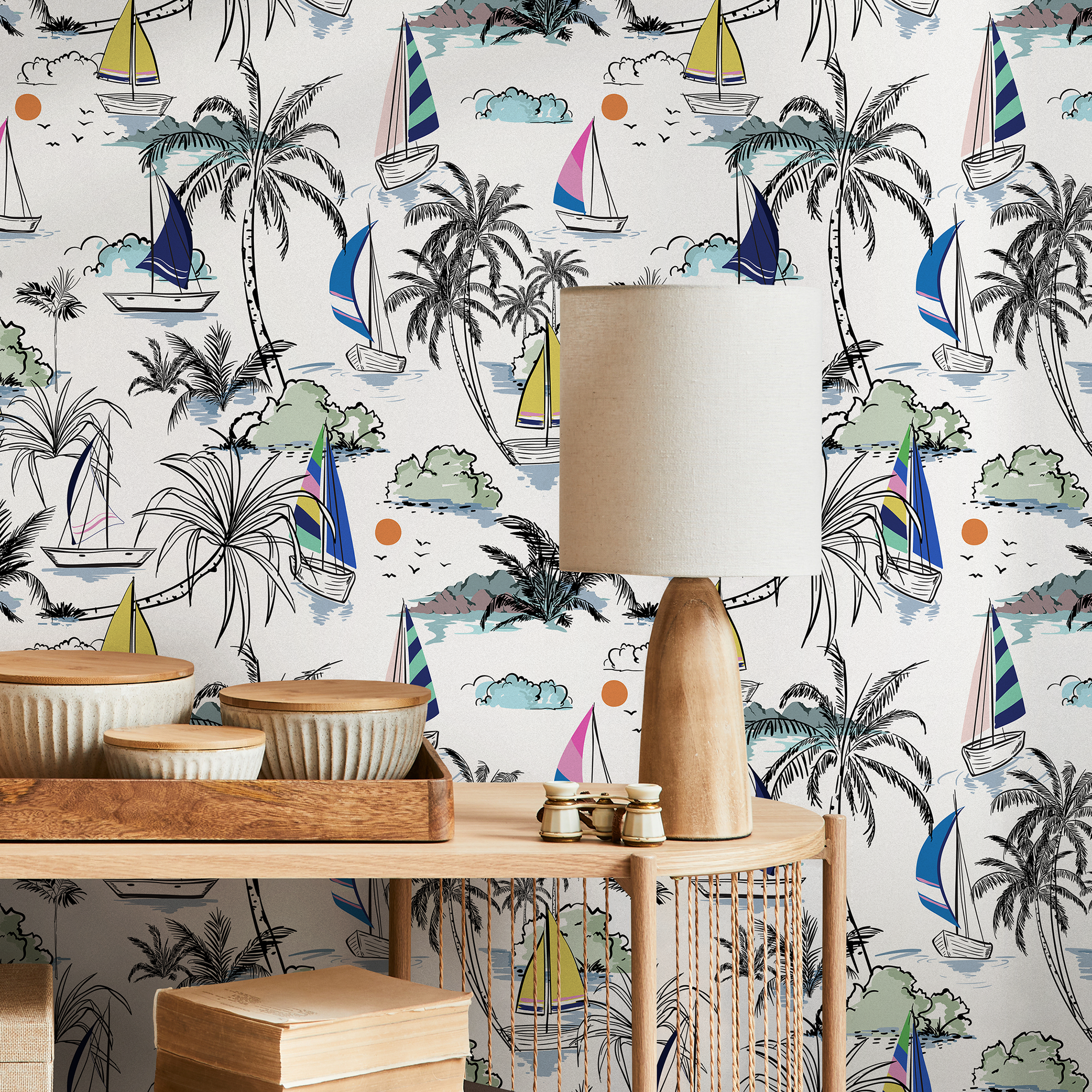 Nautical Wallpaper With A Tropical Sailing Scene In Blue, Yellow, And Pink - B540
