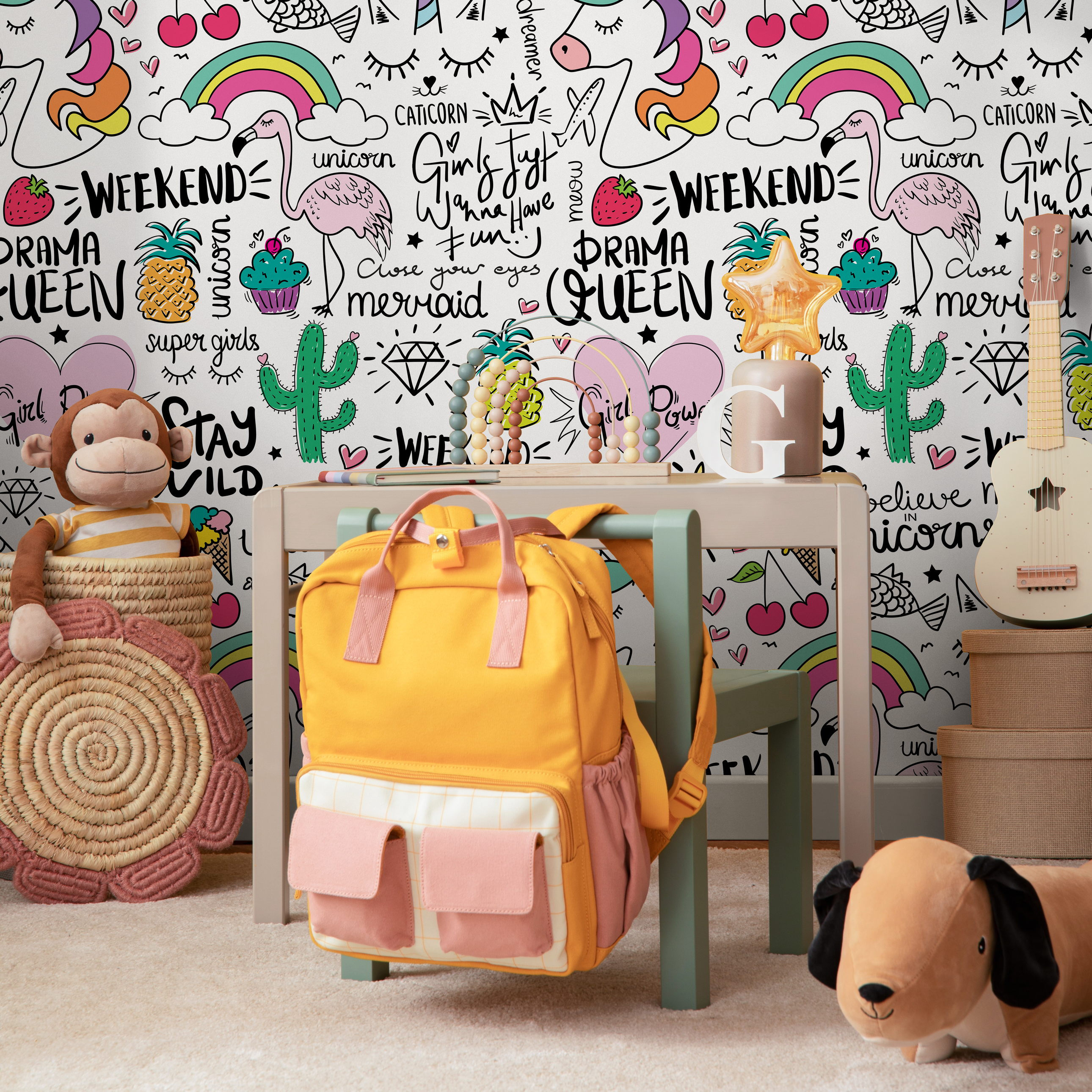 Kids Wallpaper With Unicorn And Rainbow Doodles In Pink, Yellow, And Green - B543