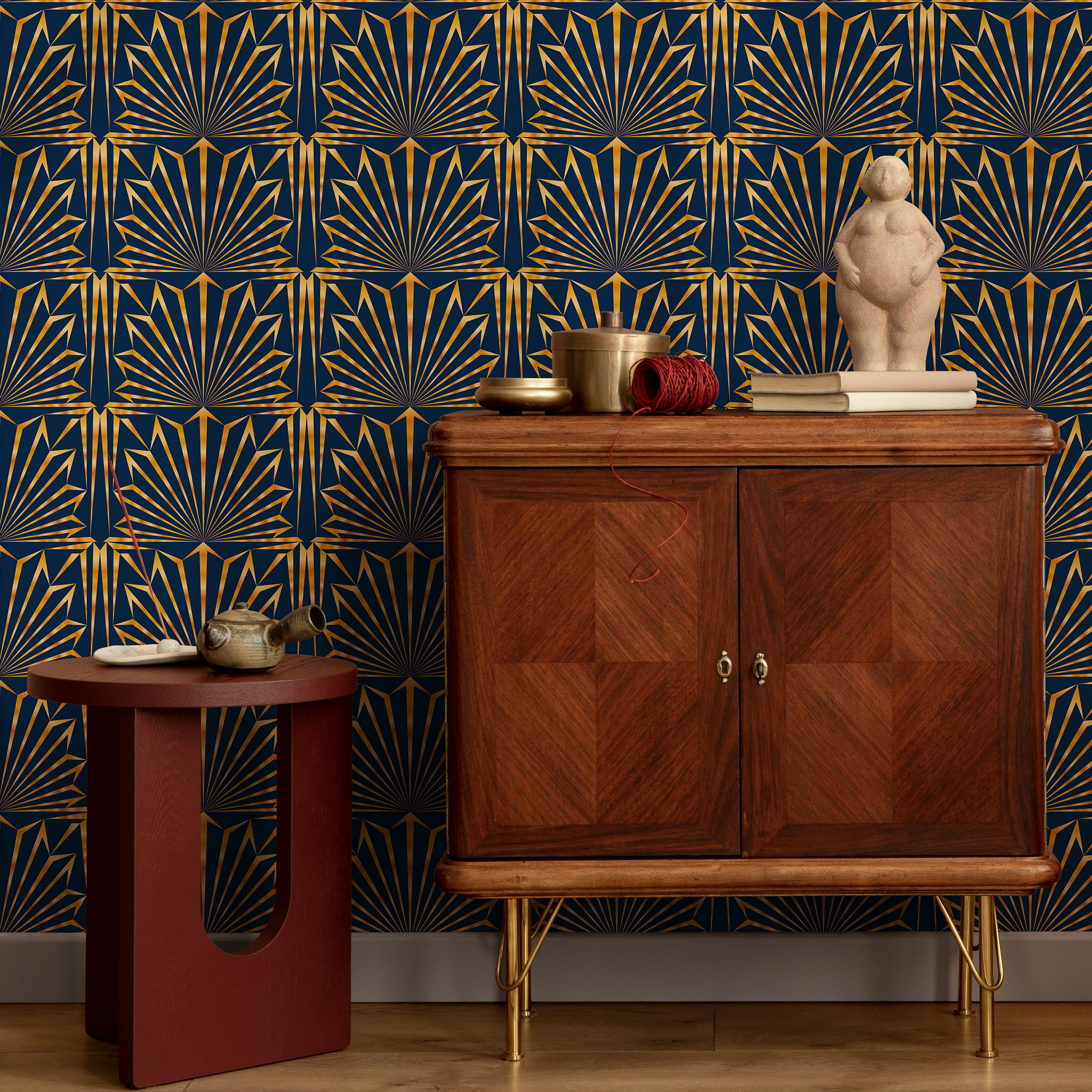 Art Deco Wallpaper With A Geometric Fan Motif In Navy Blue And Gold - B545