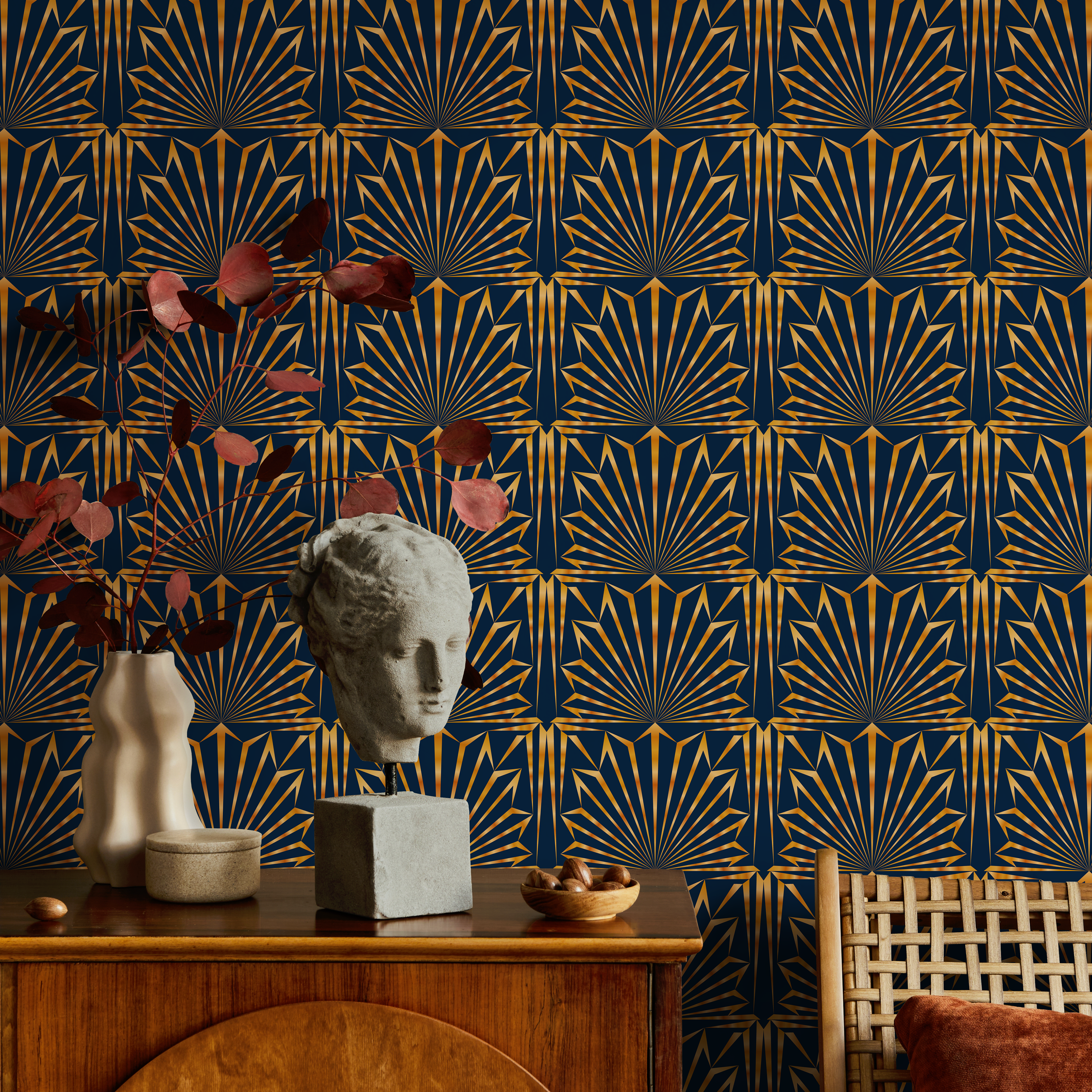 Art Deco Wallpaper With A Geometric Fan Motif In Navy Blue And Gold - B545