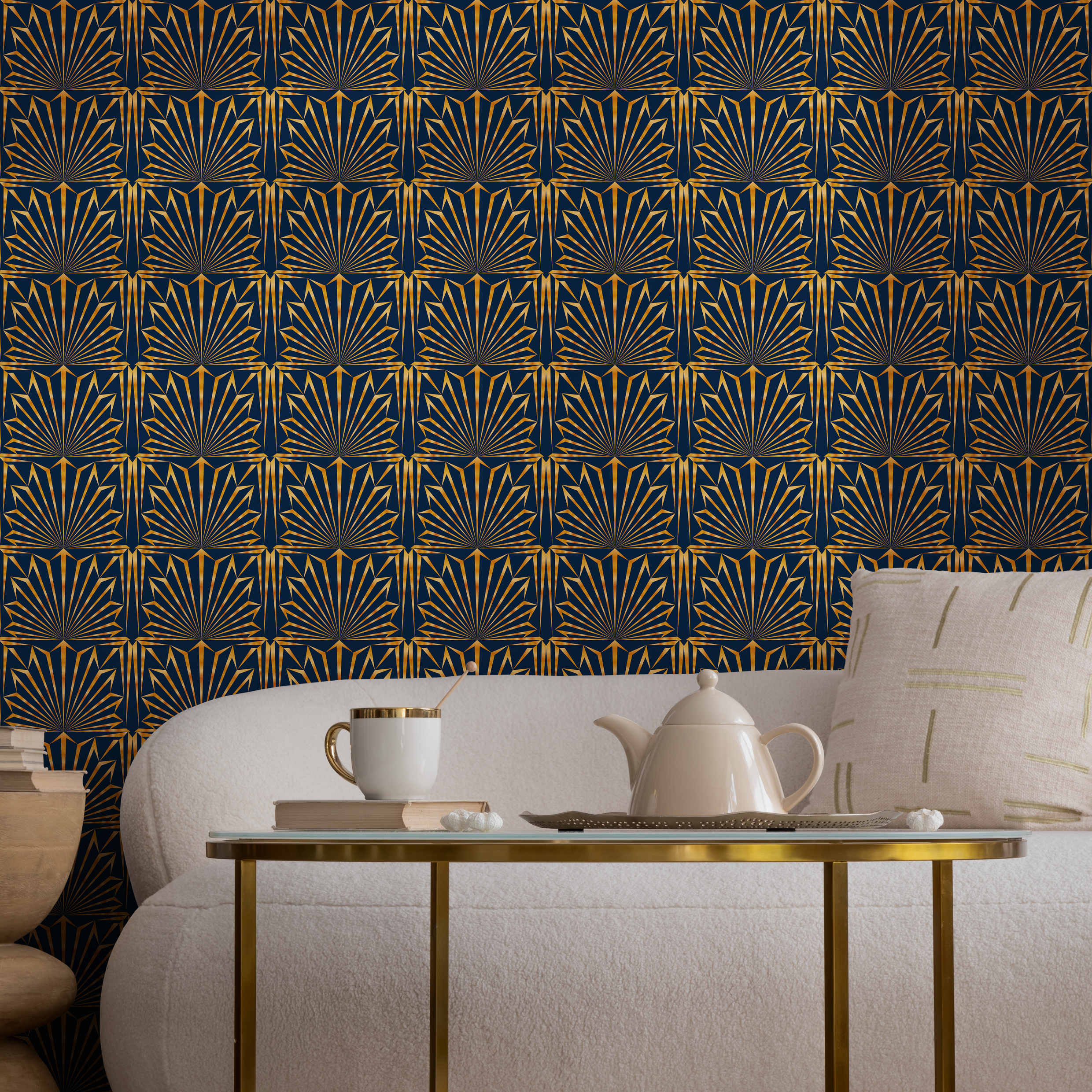 Art Deco Wallpaper With A Geometric Fan Motif In Navy Blue And Gold - B545
