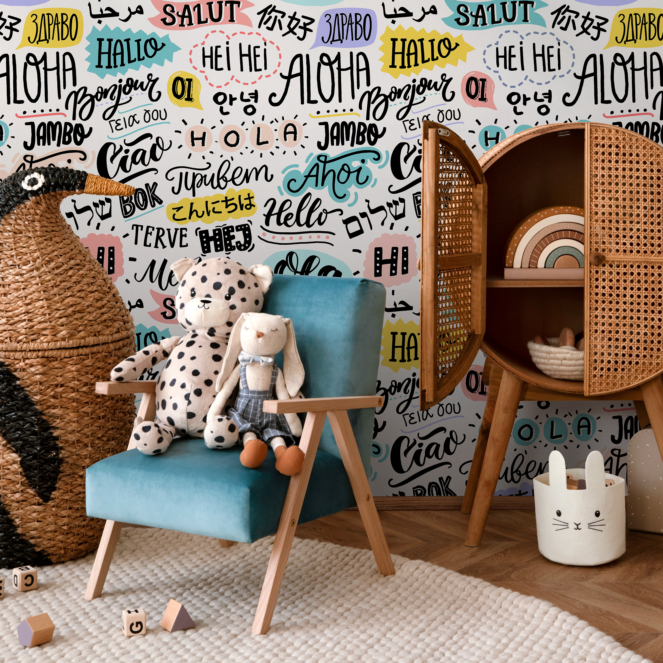 Typography Wallpaper With Global Greetings In Black, Teal, And Yellow - B546