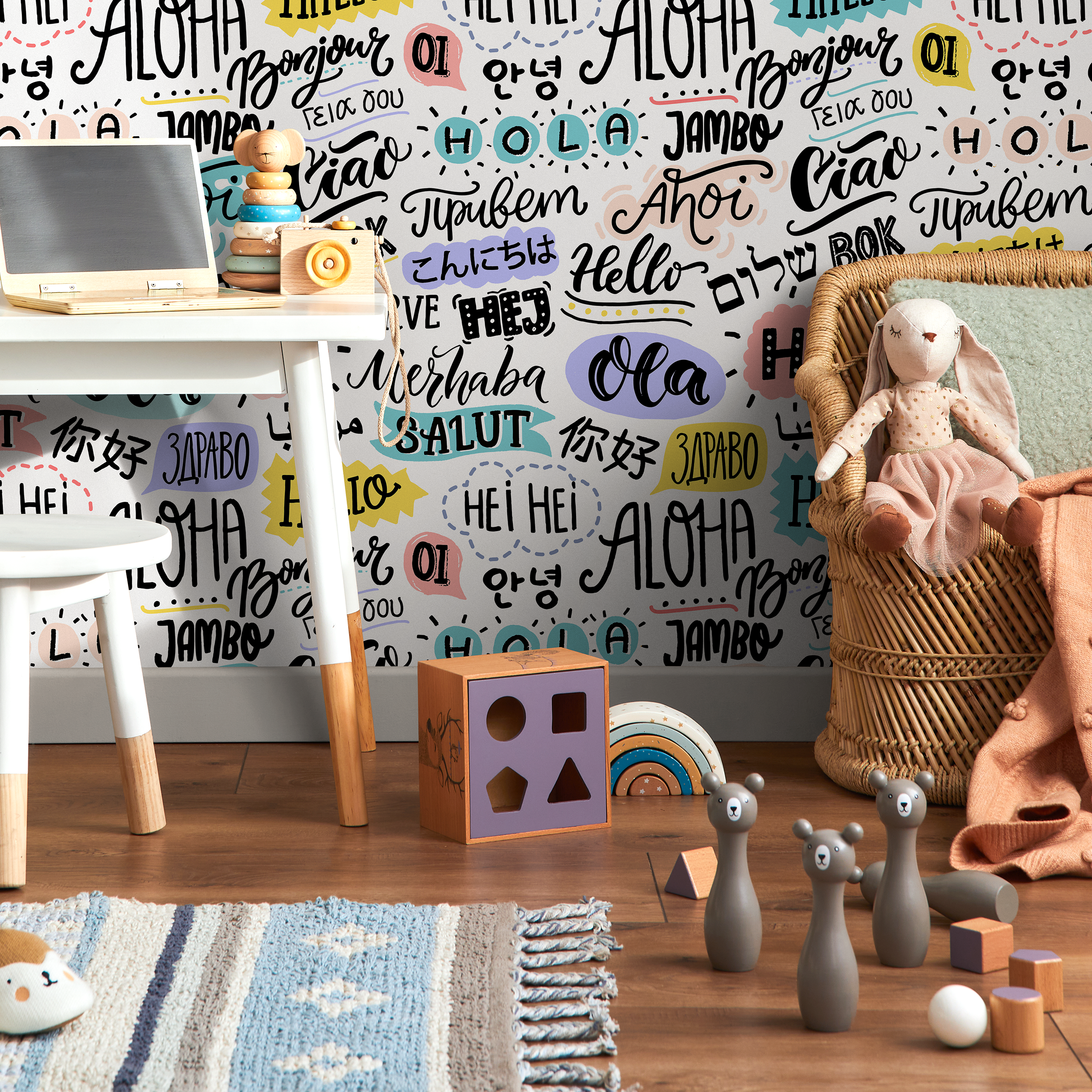 Typography Wallpaper With Global Greetings In Black, Teal, And Yellow - B546