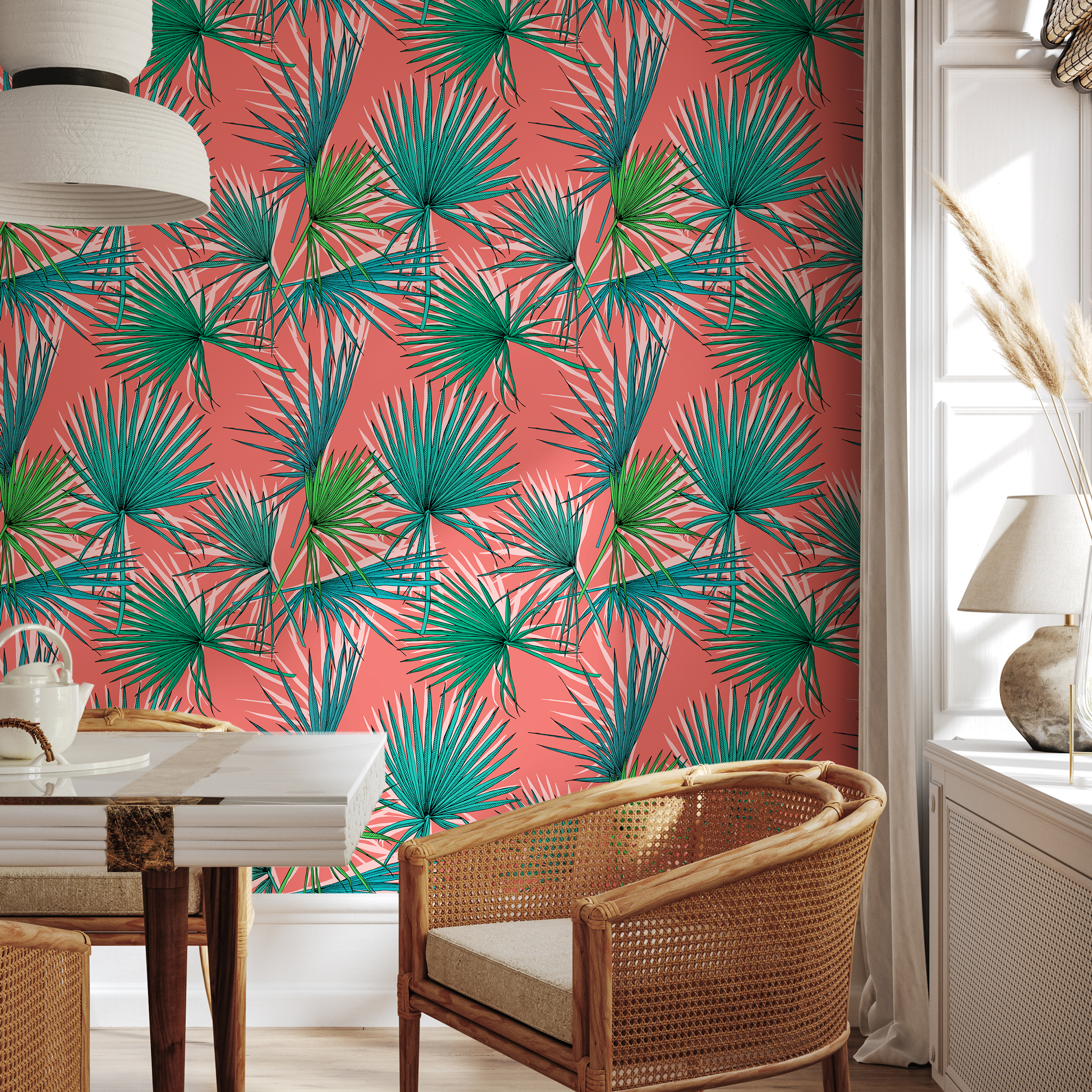 Tropical Wallpaper With Fan Palm Leaves In Coral, Green, And Teal - B548