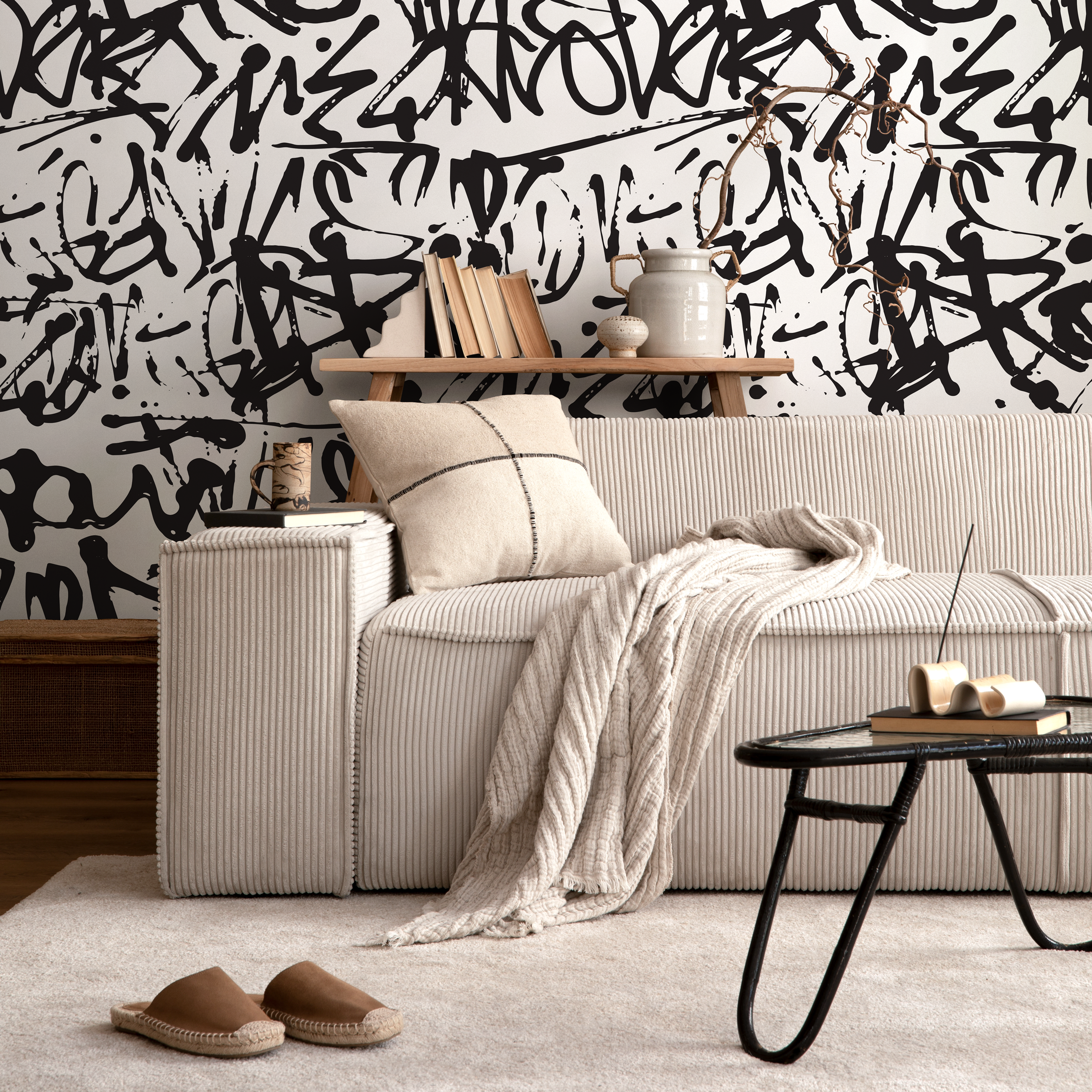 Graffiti Wallpaper With An Urban Street Art Motif In Black And White - B549