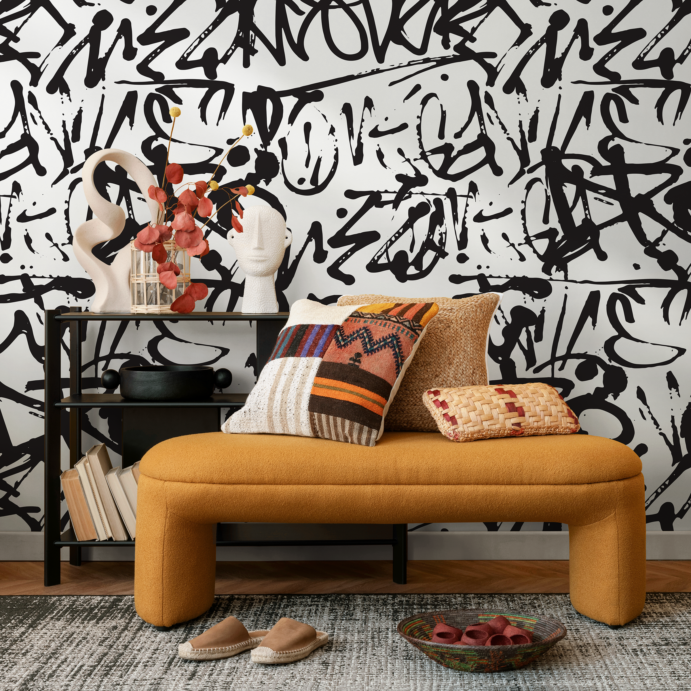 Graffiti Wallpaper With An Urban Street Art Motif In Black And White - B549
