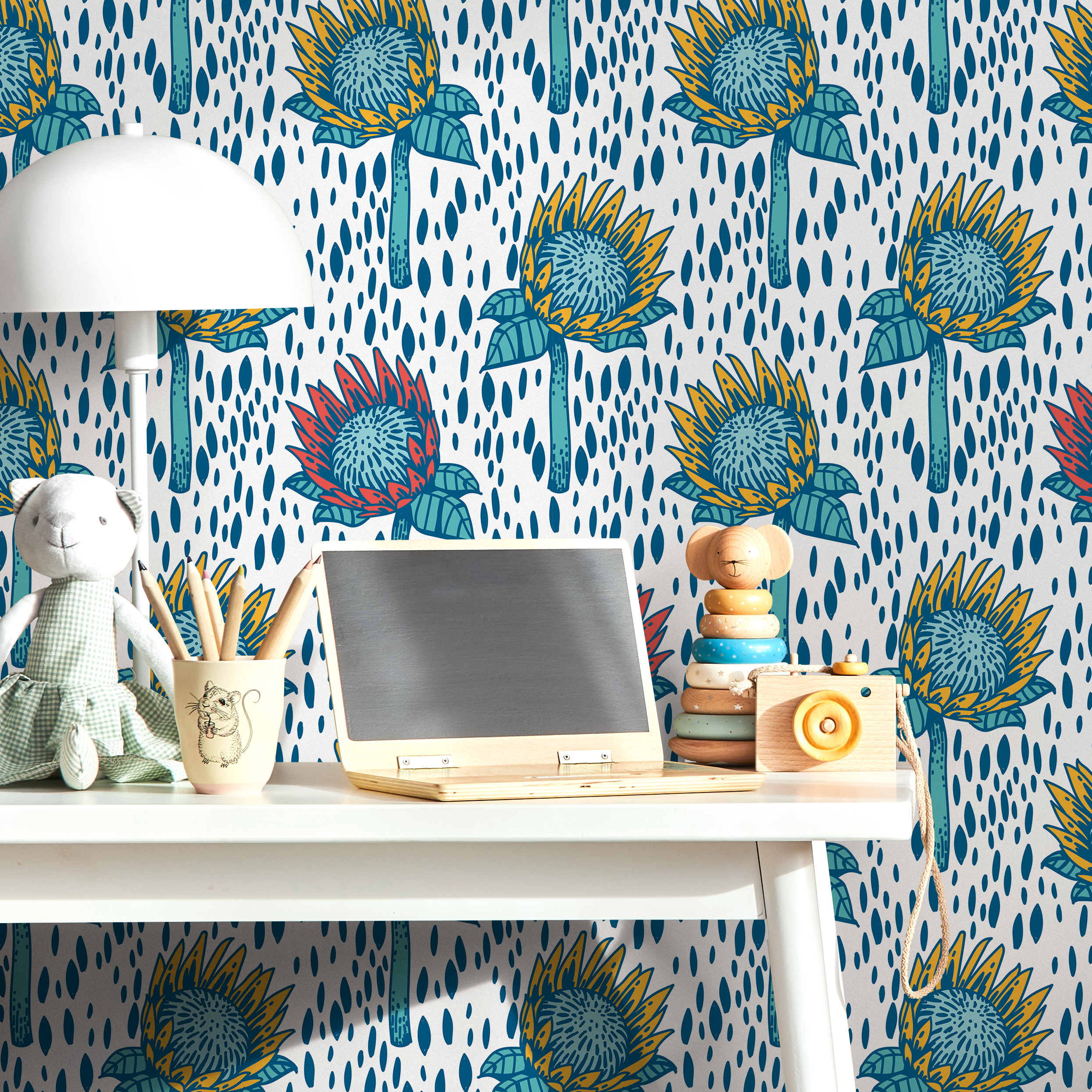 Botanical Wallpaper With Stylized Protea Flowers In Blue, Yellow, And Red - B550