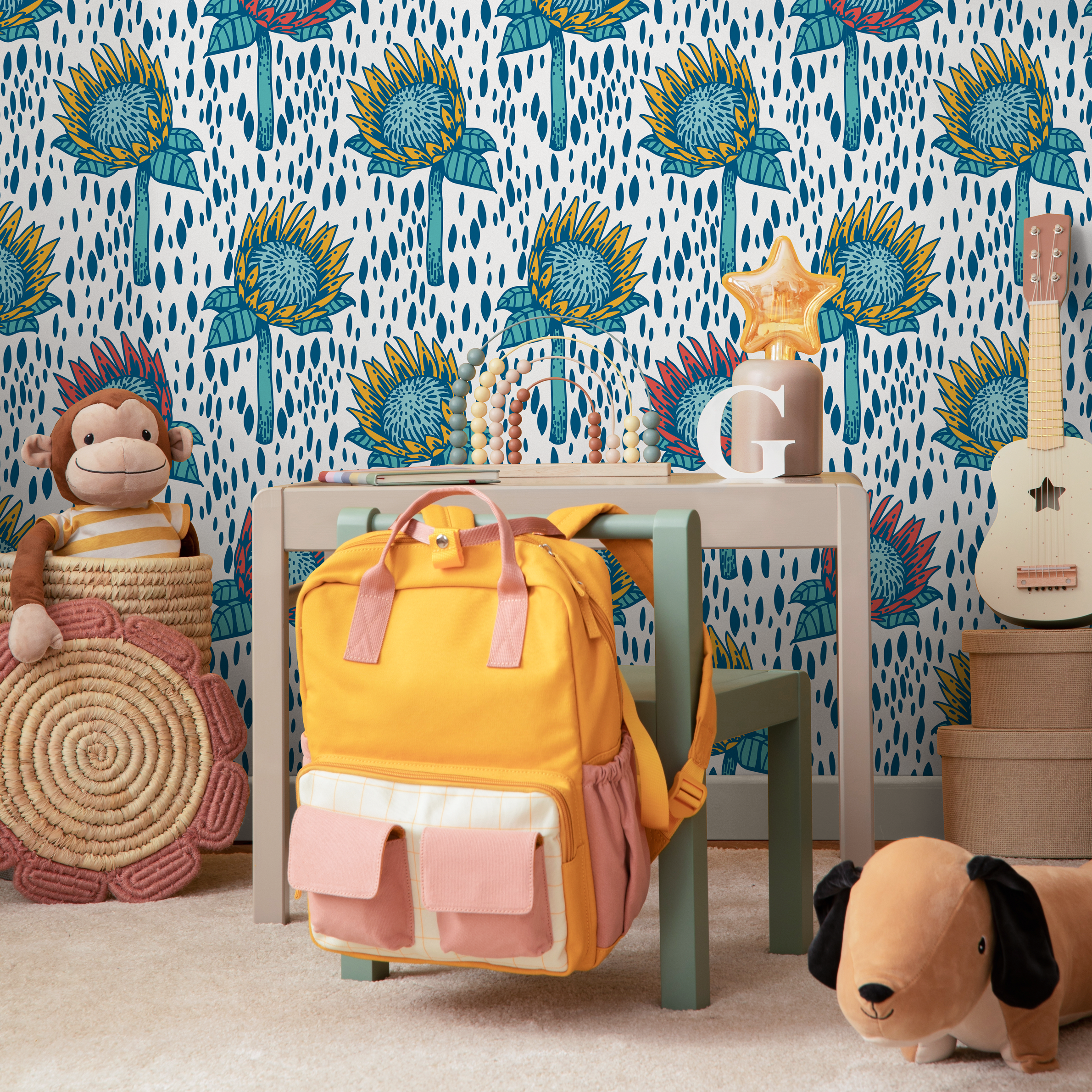 Botanical Wallpaper With Stylized Protea Flowers In Blue, Yellow, And Red - B550