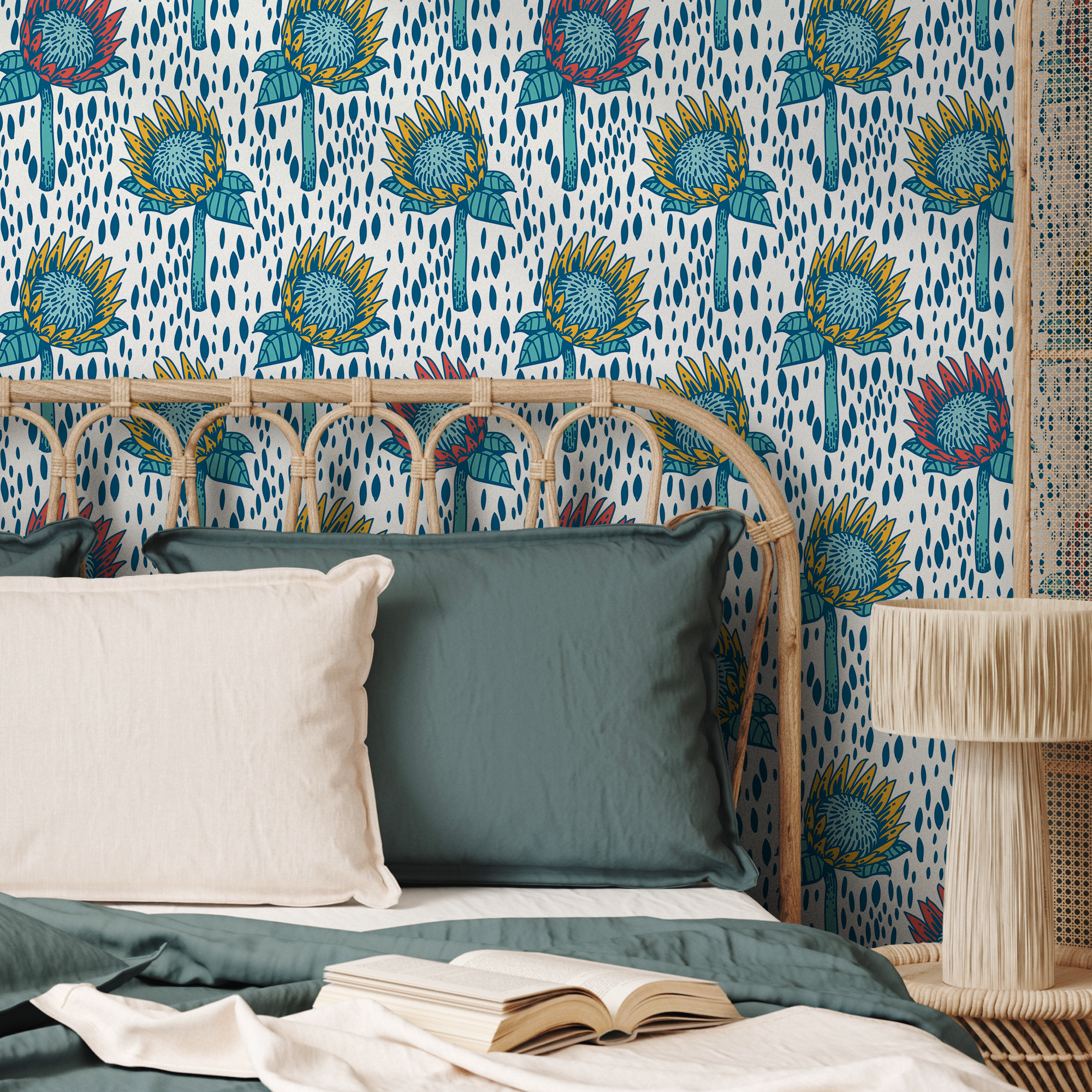 Botanical Wallpaper With Stylized Protea Flowers In Blue, Yellow, And Red - B550